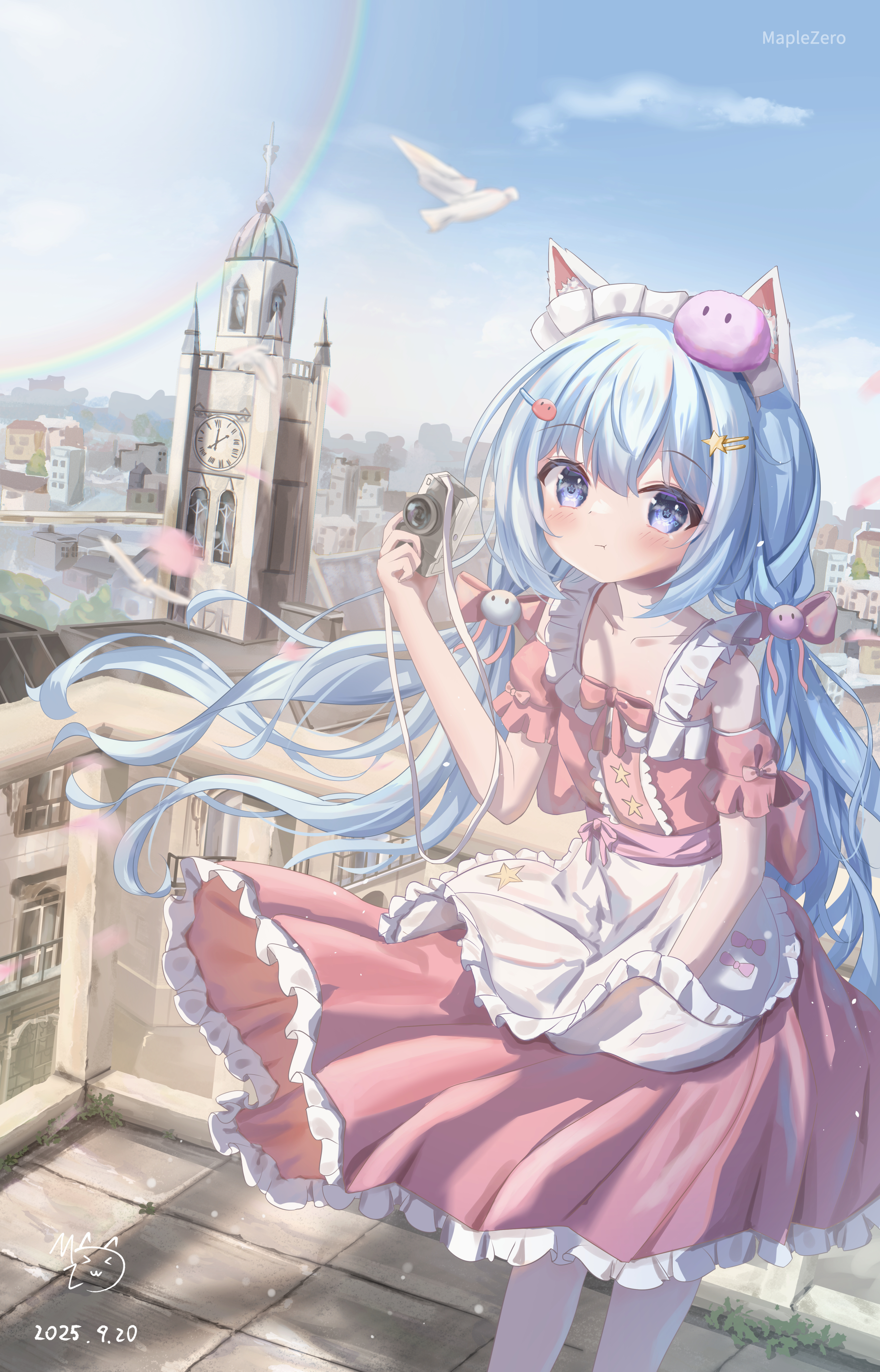 maplezero, original, absurdres, commentary request, highres, 1girl, :t, animal ears, apron, artist name, bird, blue eyes, blue hair, blue sky, blush, bow, building, camera, cat ears, cat girl, city, cityscape, clock, clock tower, cloud, collarbone, dated, day, dress, feet out of frame, floating hair, frilled apron, frilled dress, frills, hand up, long hair, looking at viewer, maid, maid apron, maid headdress, off-shoulder dress, off shoulder, on rooftop, outdoors, pantyhose, pink bow, pink dress, rainbow, scenery, sky, solo, standing, tareme, tower, white pantyhose, wide shot