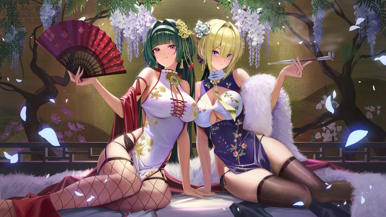 torjun 111, astra yao, evelyn chevalier, zenless zone zero, commentary, english commentary, 2girls, alternate costume, arm strap, bare shoulders, black panties, black thighhighs, blue dress, blush, breasts, china dress, chinese clothes, cleavage, closed mouth, cross-laced clothes, cross-laced dress, dress, falling petals, feet out of frame, fishnet thighhighs, fishnets, flower, garter straps, hair between eyes, hair intakes, hairband, hand fan, hand on floor, holding, holding smoking pipe, jewelry, kiseru, large breasts, looking at viewer, multiple girls, necklace, necktie, outdoors, panties, parted lips, pearl necklace, petals, pink eyes, purple eyes, purple flower, side-tie panties, sitting, smoke, smoking pipe, thighhighs, tree, two-tone dress, underwear, white dress, white hairband, yellow necktie, yokozuwari