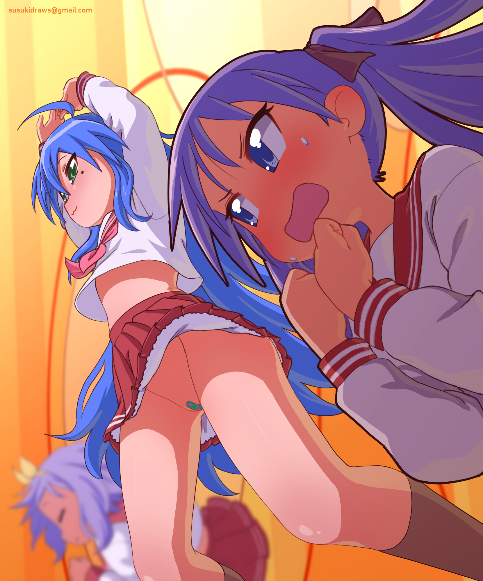 suzuki (susukidraws), hiiragi kagami, hiiragi tsukasa, izumi konata, lucky star, commentary, english commentary, highres, 3girls, :3, ahoge, bandaid, bandaid on pussy, blue hair, blush, green eyes, mole, mole under eye, multiple girls, neckerchief, no panties, pink neckerchief, purple eyes, purple hair, red sailor collar, ryouou school uniform, sailor collar, school uniform, serafuku, twintails