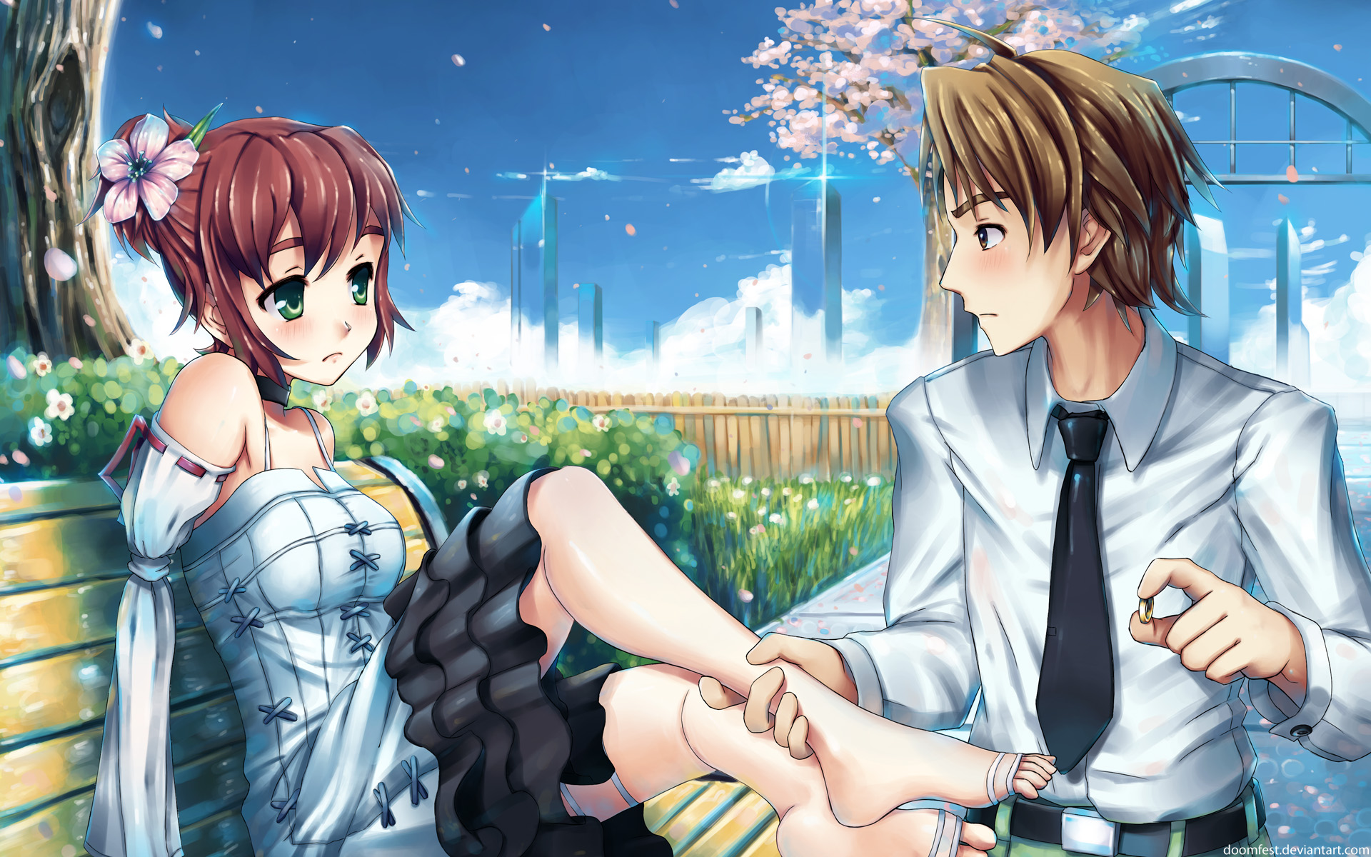 softmode, nakai hisao, tezuka rin, katawa shoujo, no arms, bad id, bad pixiv id, highres, 10s, 1boy, 1girl, alternate hairstyle, amputee, armless amputee, barefoot, bench, blush, brown hair, cherry blossoms, choker, couple, detached sleeves, double amputee, dress, eye contact, feet, flower, good end, green eyes, hair flower, hair ornament, hair up, holding another's foot, jewelry, looking at another, marriage proposal, putting on jewelry, ring, sitting, toe ring, toeless legwear, toeless thighhighs, toes