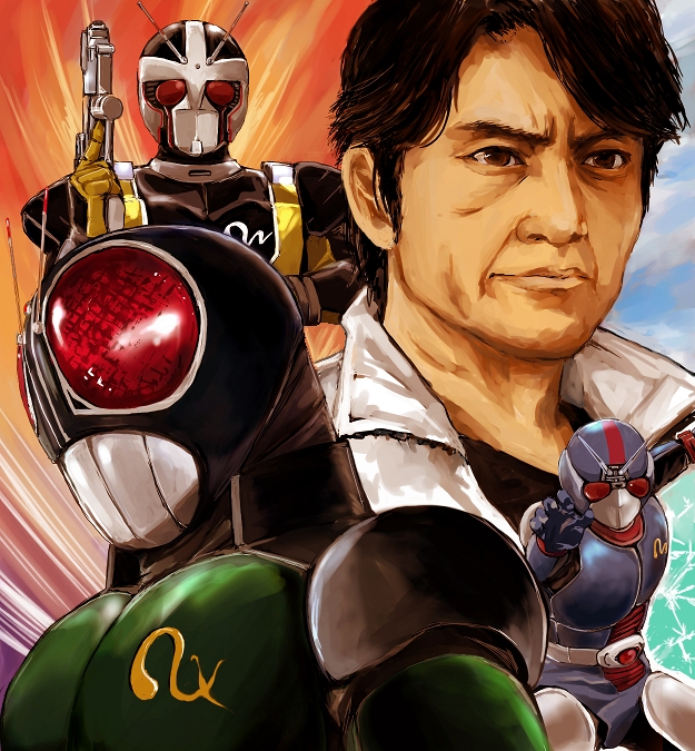 kamisimo 90, biorider, kamen rider black rx, minami kotaro, minami koutarou, roborider, kamen rider, kamen rider black rx (series), bad id, bad pixiv id, md5 mismatch, 4boys, antennae, gun, male focus, multiple boys, multiple persona, weapon