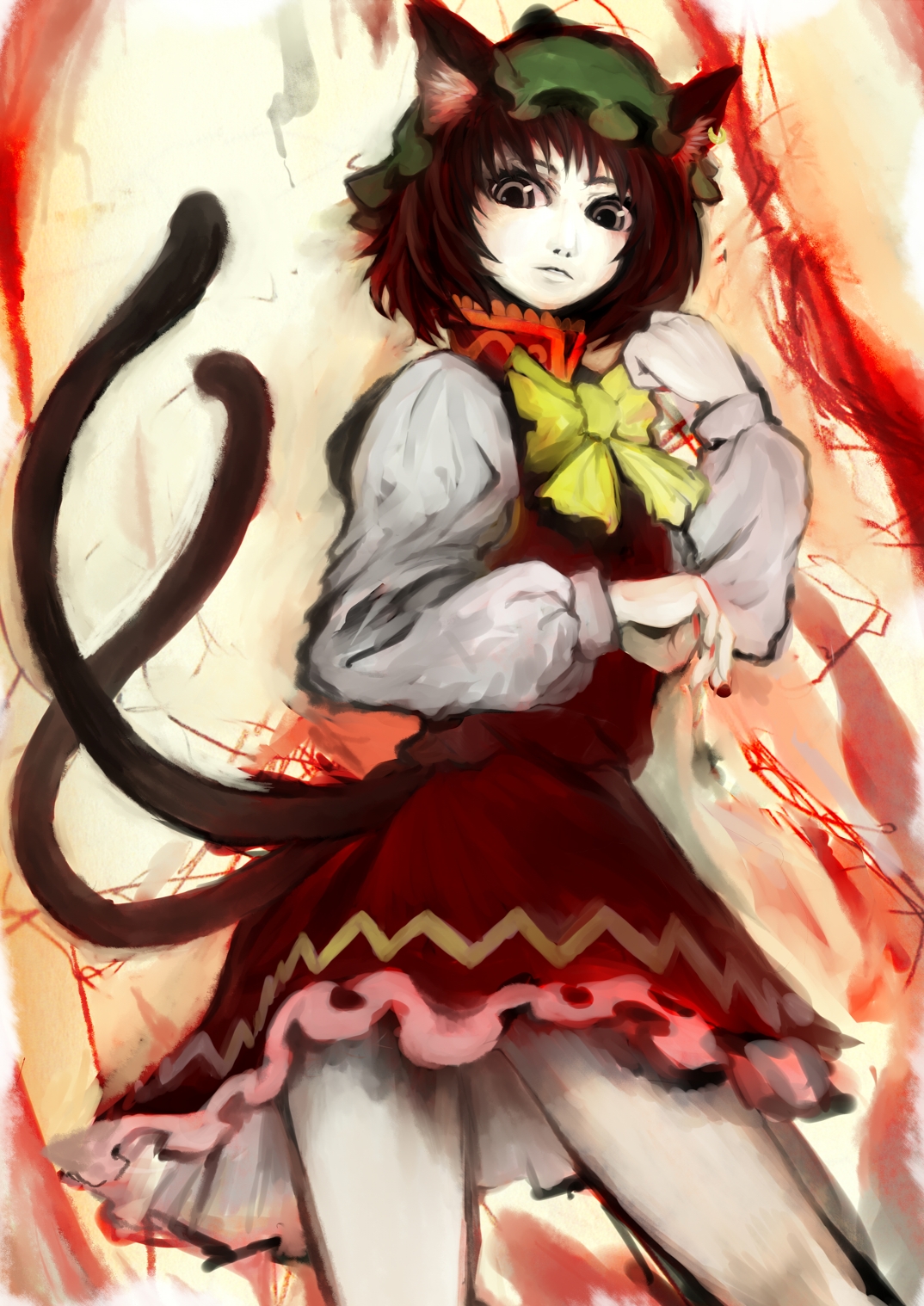 ema non, ema non (pixiv24963), chen, touhou, bad id, bad pixiv id, highres, 1girl, female focus, from below, looking down, solo