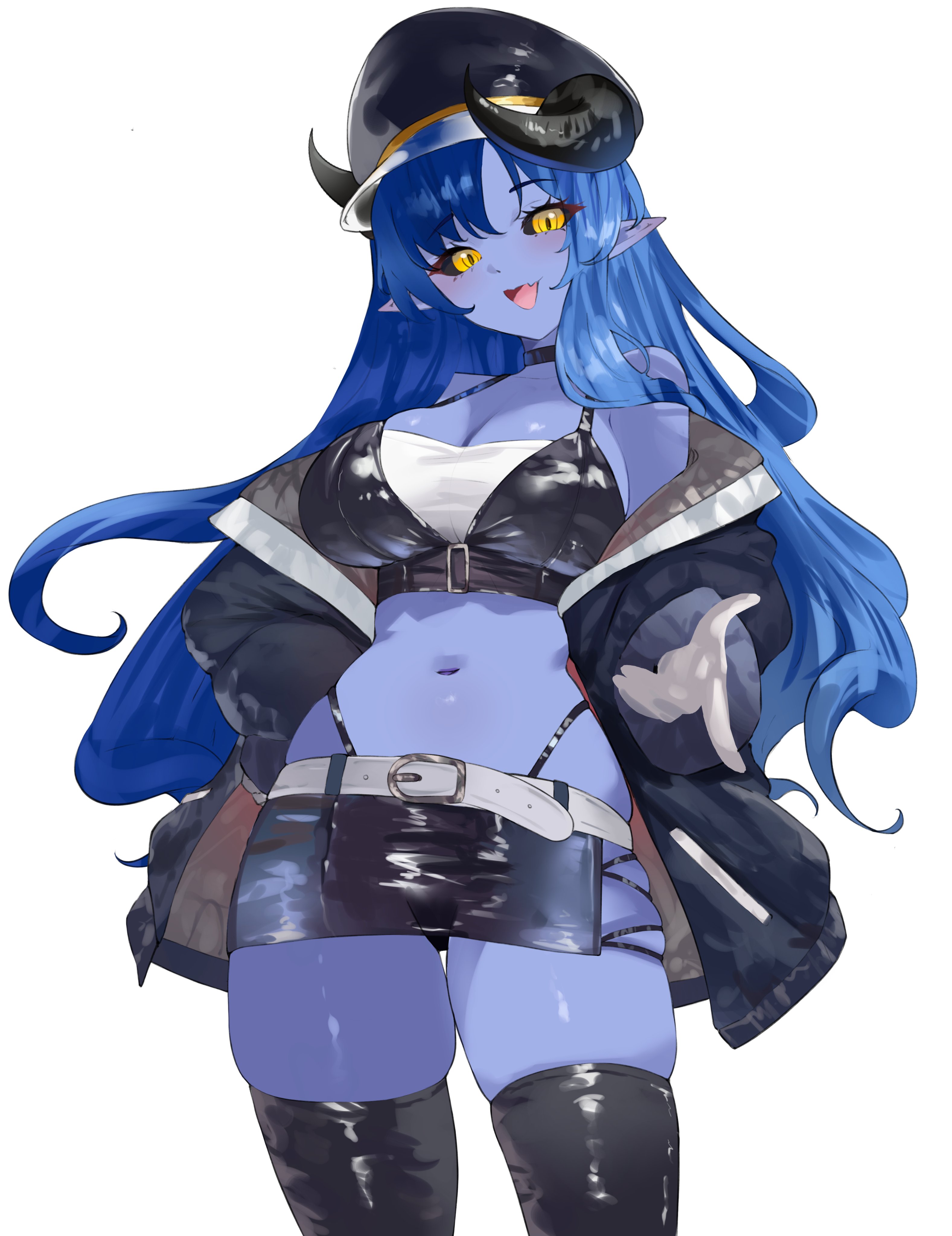 idolmia, kyonko (vtuber), indie virtual youtuber, absurdres, commentary, commission, english commentary, highres, 1girl, belt, black hat, black horns, black jacket, black sclera, black thighhighs, blue hair, blue skin, breasts, cleavage, colored sclera, colored skin, hat, horns, jacket, long hair, miniskirt, navel, open clothes, open jacket, open mouth, pointy ears, skirt, solo, stomach, thighhighs, virtual youtuber, white background, white belt