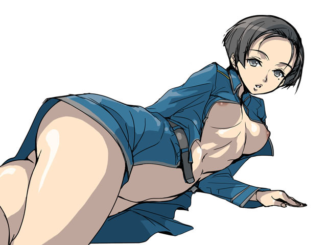 akaga hirotaka, maria ross, fullmetal alchemist, 00s, 1girl, areola slip, arm support, ass, belt, black hair, breasts, female focus, grey eyes, looking back, lying, medium breasts, military, military uniform, mole, mole under eye, nipples, no bra, no panties, on side, open clothes, short hair, solo, thighs, underboob