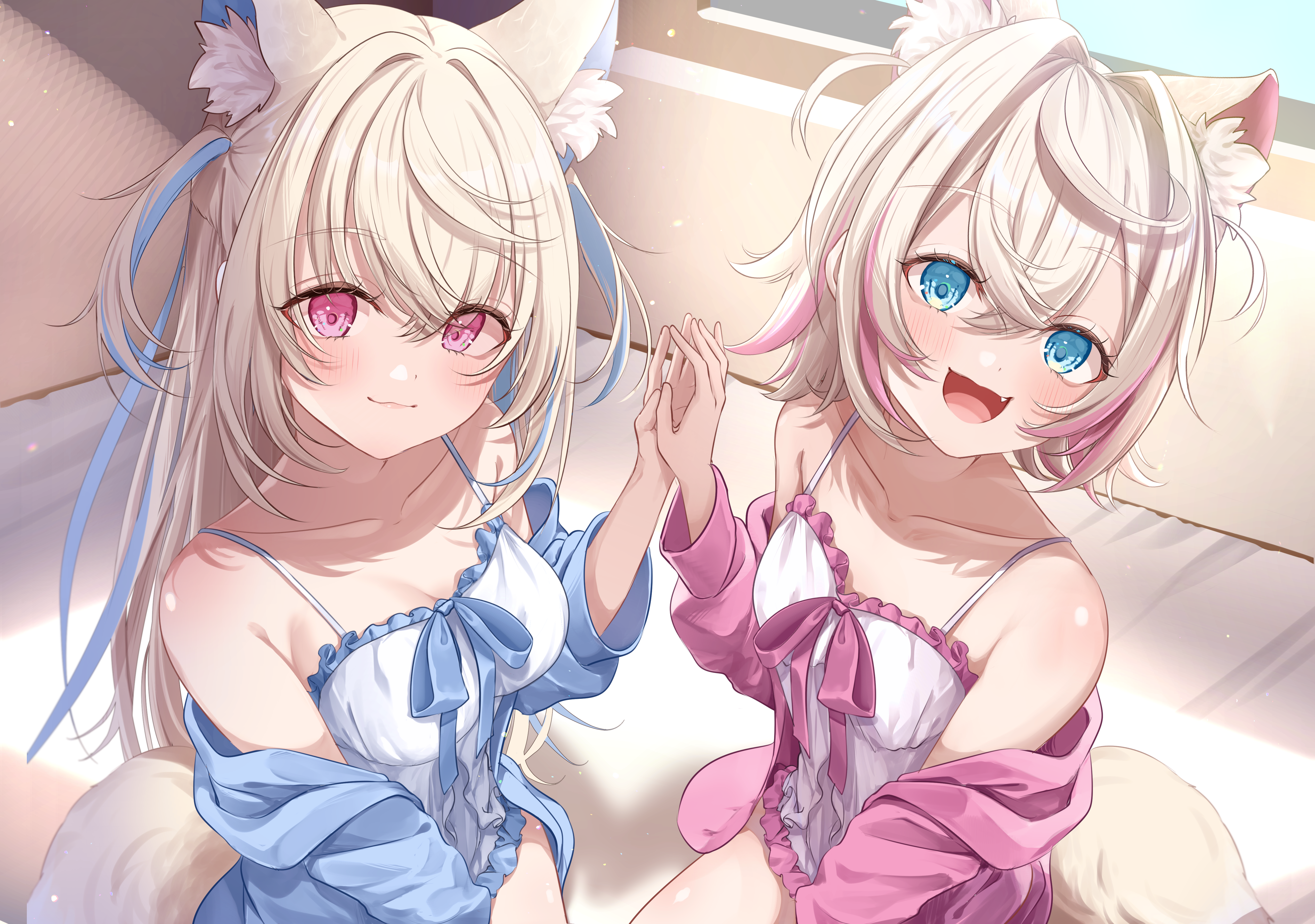 shagaihi, fuwawa abyssgard, mococo abyssgard, hololive, hololive english, absurdres, commentary, english commentary, highres, animal ear fluff, animal ears, aqua eyes, aqua hair, aqua jacket, aqua ribbon, aqua trim, bare shoulders, blonde hair, blush, breasts, camisole, cleavage, closed mouth, collarbone, dog ears, dog girl, dog tail, hair between eyes, jacket, large breasts, long hair, looking at viewer, medium breasts, open mouth, pink eyes, pink hair, pink jacket, pink ribbon, pink trim, ribbon, short hair, siblings, sisters, smile, tail, twins, white camisole
