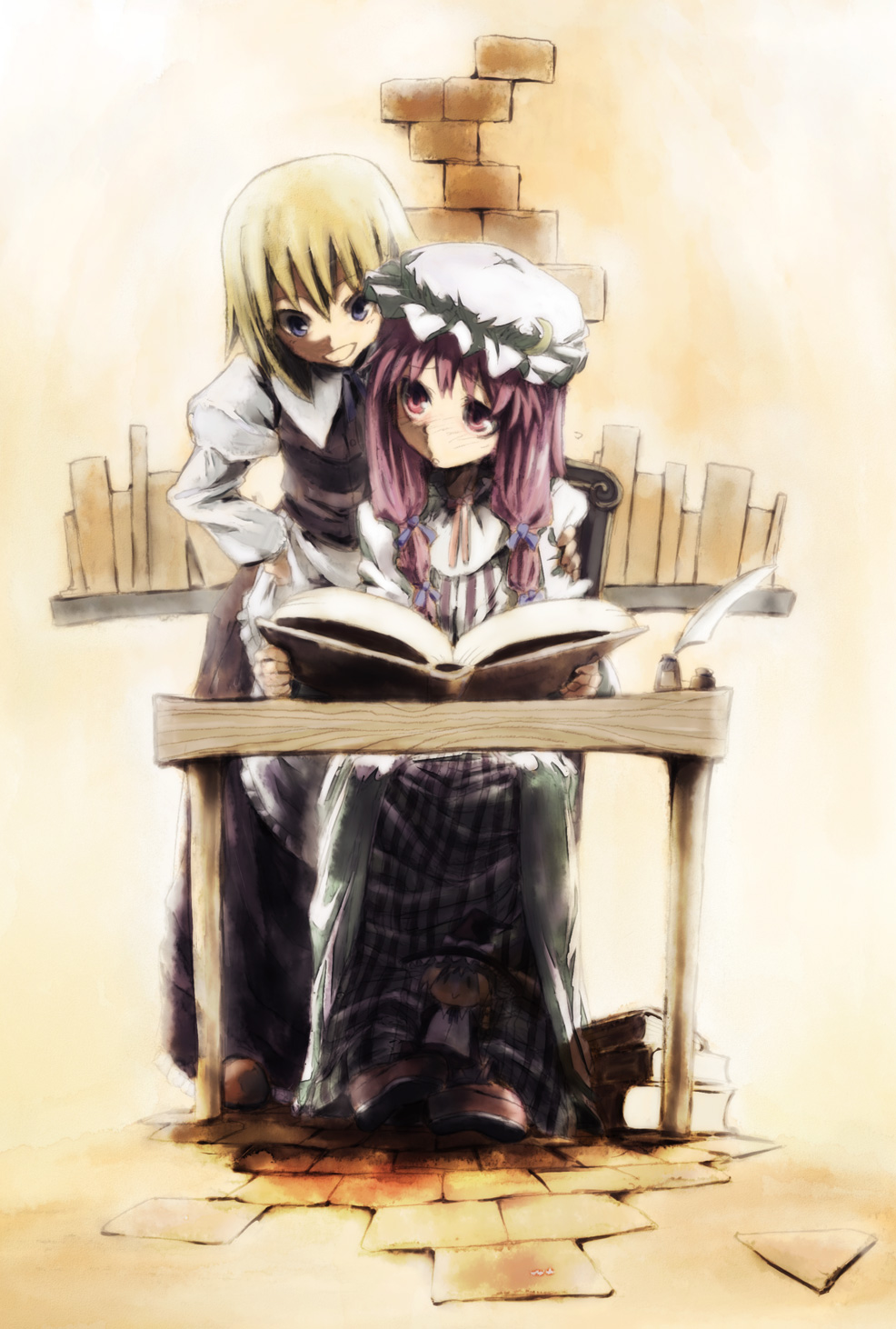 chomoran, lefthand, kirisame marisa, patchouli knowledge, touhou, bad id, bad pixiv id, highres, 2girls, apron, blonde hair, blue eyes, blush, book, brick wall, character doll, crescent moon, doll, dress, embarrassed, female focus, hair ribbon, hand on own hip, hat, hip focus, inkwell, moon, multiple girls, open book, purple eyes, purple hair, quill, reading, ribbon, sitting, table