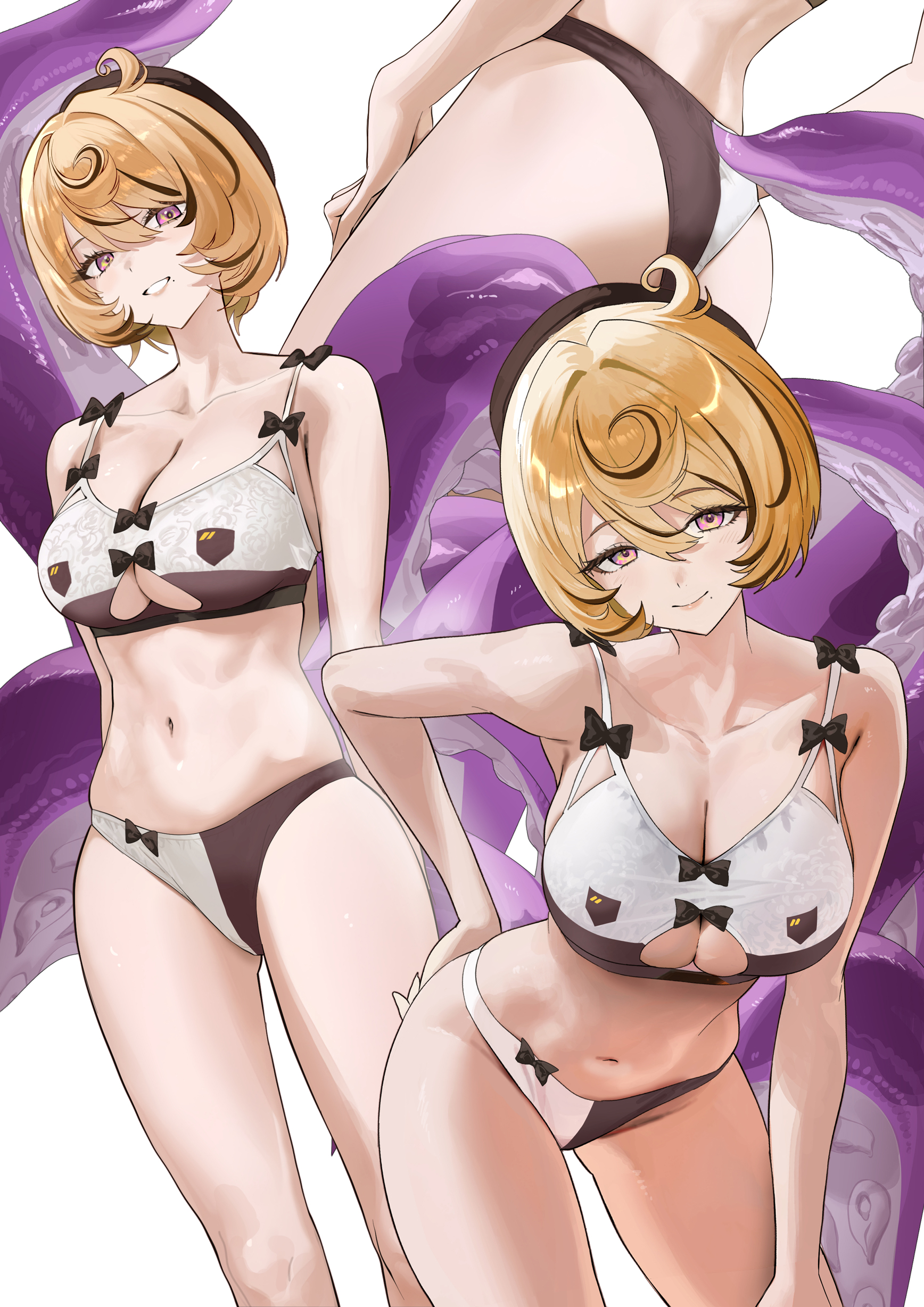 salmon88, yidhari murphy, zenless zone zero, absurdres, commentary, english commentary, highres, 1girl, ass, black bra, black hair, black hat, black panties, blonde hair, bra, breasts, collarbone, hand on own hip, hat, large breasts, looking at viewer, multicolored hair, multiple views, panties, purple eyes, short hair, smile, streaked hair, tentacle girl, two-tone bra, two-tone panties, underwear, underwear only, white background, white bra, white panties