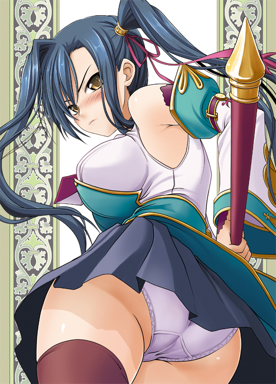 soba (saz), kan'u (koihime musou), koihime musou, 00s, 1girl, armpits, ass, bare shoulders, black thighhighs, blush, breasts, female focus, large breasts, looking at viewer, looking back, panties, skirt, solo, standing, thighhighs, twintails, underwear, white panties
