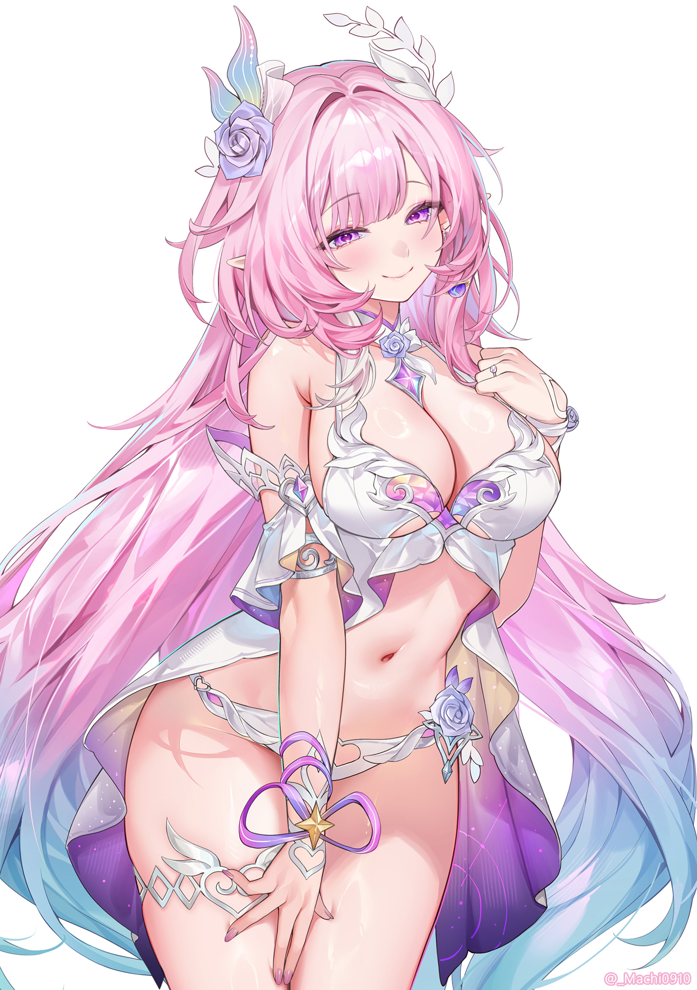 machi (machi0910), cyrene (honkai: star rail), cyrene (ripples of past reverie) (honkai: star rail), honkai: star rail, honkai (series), commentary request, highres, paid reward available, partial commentary, revision, 1girl, alternate costume, armlet, bare shoulders, blue hair, blush, breasts, cleavage, closed mouth, fingernails, flower, gradient hair, hair flower, hair intakes, hair ornament, hand up, jewelry, large breasts, long hair, multicolored hair, nail polish, navel, pink hair, pink nails, pointy ears, purple eyes, purple flower, purple rose, ring, rose, sidelocks, simple background, smile, solo, stomach, swimsuit, thighs, twitter username, very long hair, white background