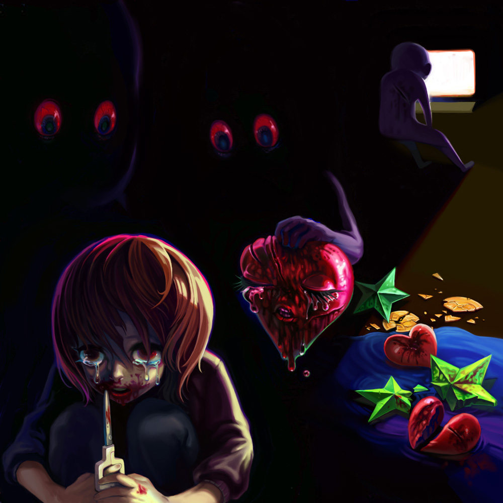 yukaman, blood, blue eyes, dark, guro, heart, red eyes, scissors, sitting, star (symbol), tears, what, window