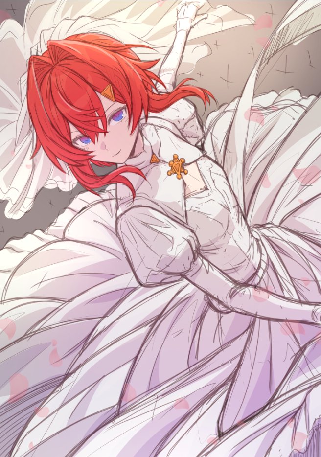 mikan mizu, ange katrina, nijisanji, commentary request, unfinished, 1girl, alternate costume, blue eyes, breasts, bridal veil, bride, cleavage cutout, closed mouth, clothing cutout, crossed bangs, dress, feet out of frame, floating clothes, gradient eyes, hair between eyes, hair intakes, hair ornament, juliet sleeves, long sleeves, looking at viewer, medium hair, multicolored eyes, outstretched arm, puffy sleeves, purple eyes, red hair, sketch, small breasts, smile, solo, triangle hair ornament, veil, virtual youtuber, wedding dress, white dress, white veil