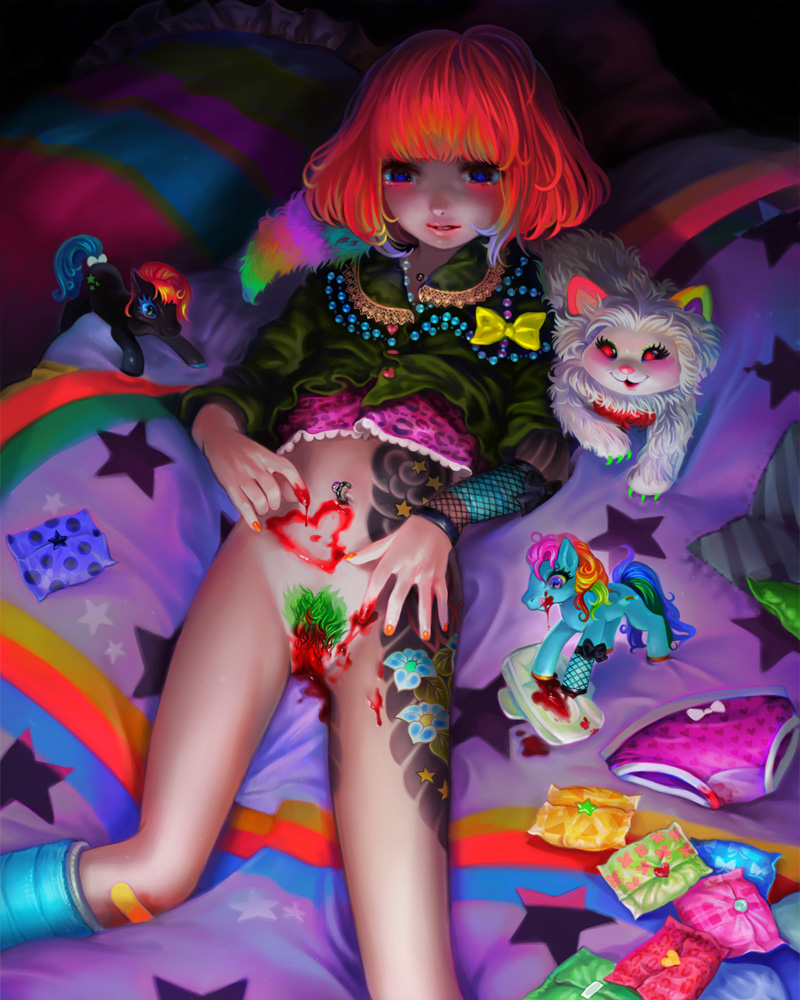 yukaman, my little pony, 1girl, bandages, bandaid, bed, blood, blue eyes, bottomless, bow, cast, cat, colored pubic hair, feet out of frame, female focus, female pubic hair, flat chest, green pubic hair, heart, horse, irezumi, lipstick, loli, makeup, menstrual pad, menstruation, nail polish, navel piercing, orange nails, panties, piercing, pillow, pubic hair, short hair, solo, tattoo, underwear, unworn panties