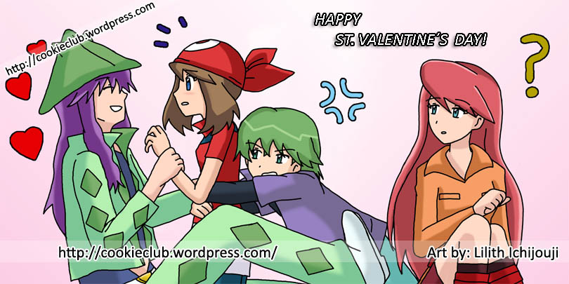 drew (pokemon), harley (pokemon), may (pokemon), solidad (pokemon), ?, anger vein, blue eyes, blush, brown hair, closed eyes, confused, green eyes, green hair, happy valentine, heart, lilithichijouji, purple hair, valentine