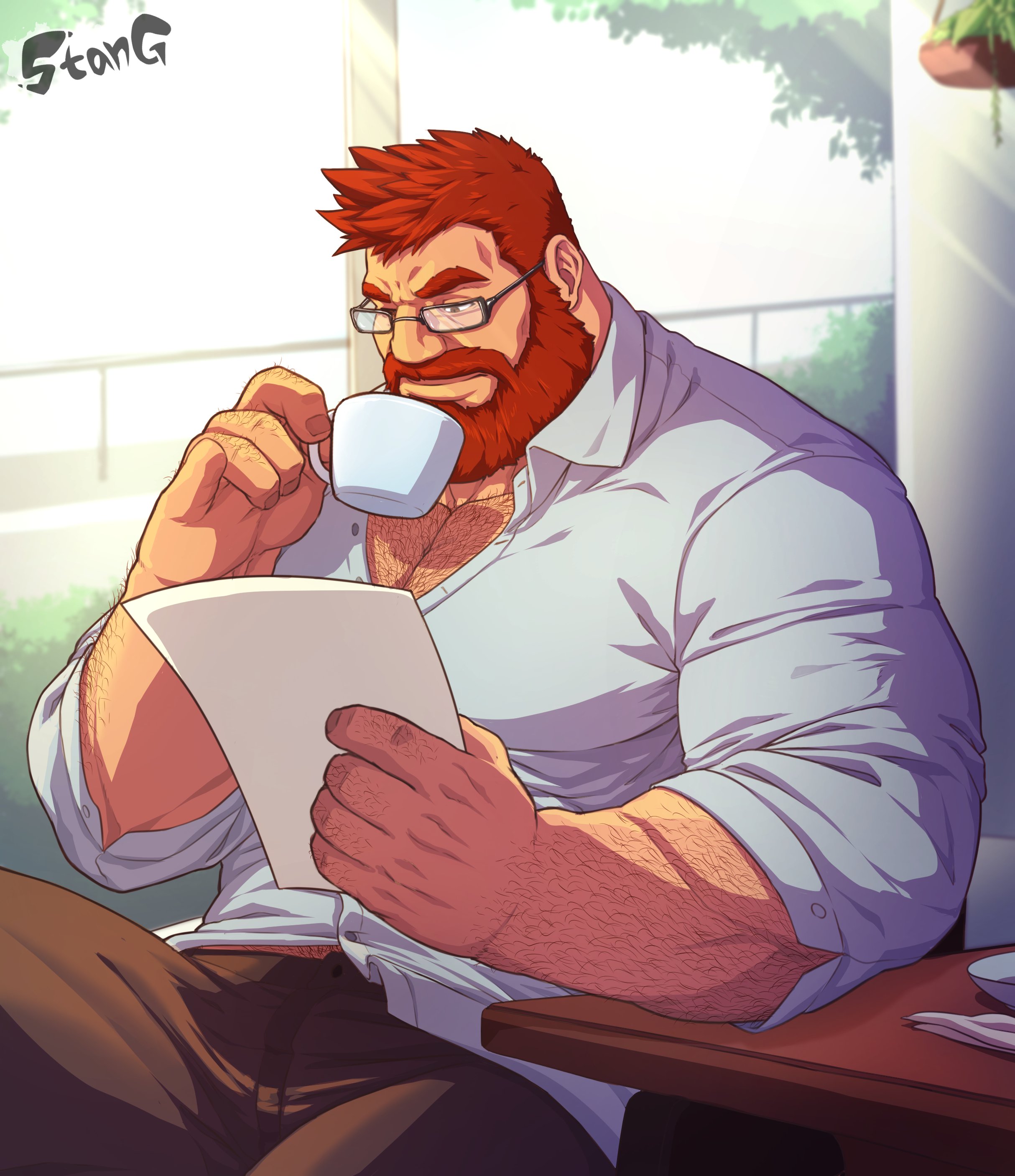 stang artad, logan (lustful desires), lustful desires, absurdres, commentary, english commentary, highres, 1boy, bara, beard, bespectacled, collared shirt, cowboy shot, cup, facial hair, full beard, glasses, holding, holding cup, holding paper, knuckle hair, large hands, large pectorals, male focus, mature male, muscular, muscular male, old, old man, pants, paper, pectoral cleavage, pectorals, reading, shirt, short hair, solo, teacup, thick arm hair, thick arms, thick beard, thick chest hair, thick eyebrows, tsurime, very hairy