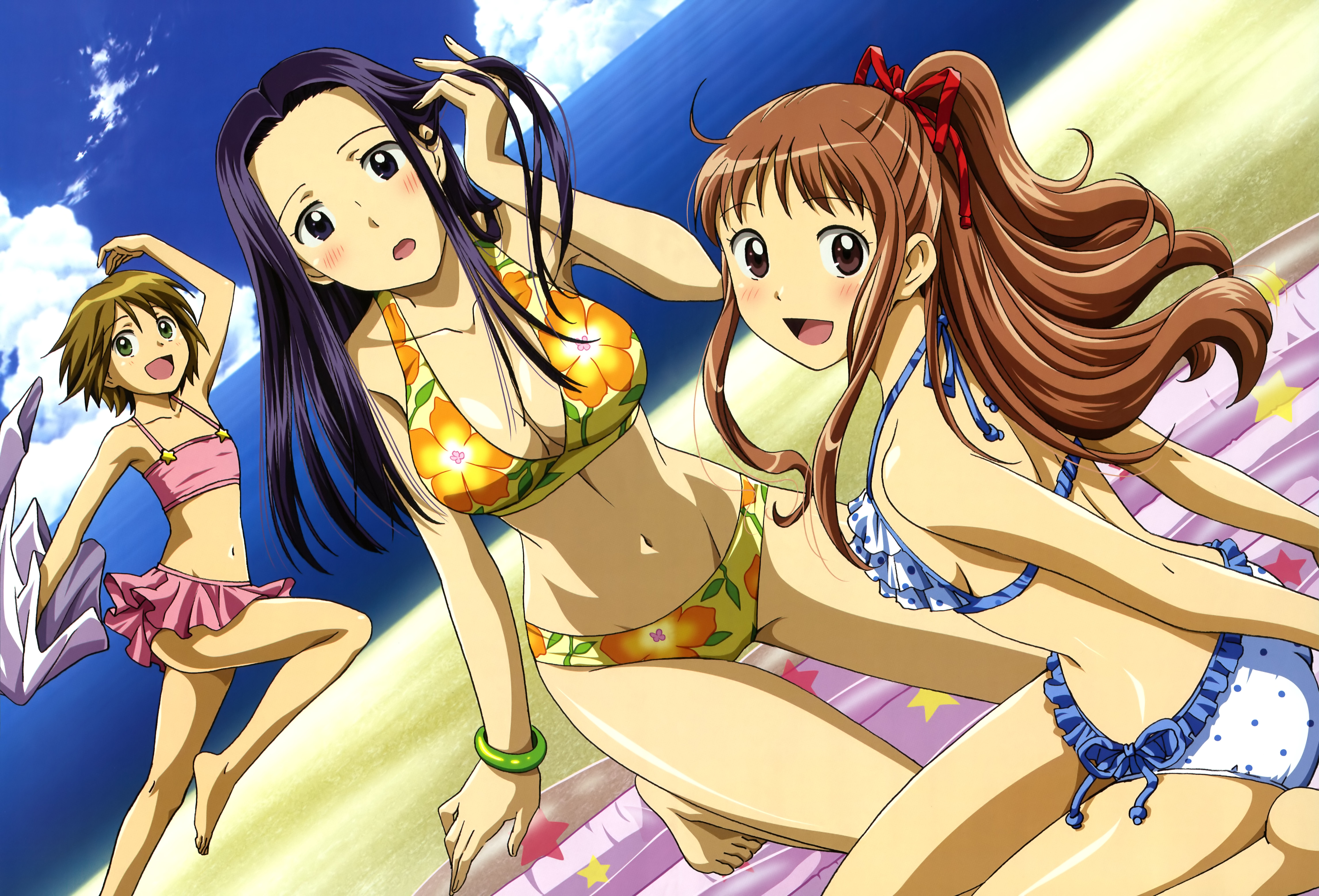 hara yumiko, akeno mihoshi, makita hime, yarai sayo, nyantype, sora no manimani, absurdres, highres, non-web source, official art, 00s, 3girls, bangle, barefoot, beach, bikini, black hair, blush, bracelet, breasts, brown eyes, brown hair, cleavage, cloud, day, dutch angle, flat chest, floral print, frilled bikini, frills, green eyes, hair ribbon, inflatable raft, jewelry, large breasts, long hair, looking back, multiple girls, outdoors, polka dot, polka dot bikini, polka dot swimsuit, ponytail, print bikini, purple eyes, ribbon, short hair, side-tie bikini bottom, sky, swimsuit, water