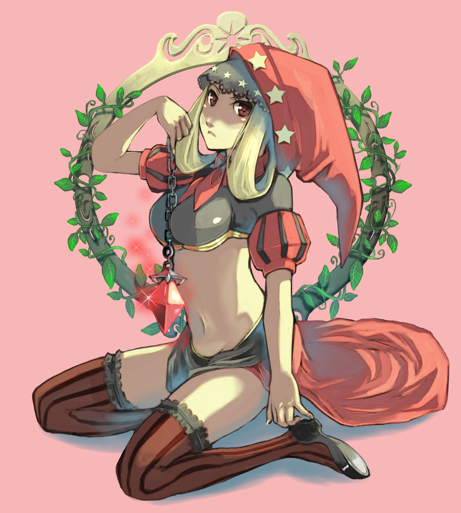 miso katsu, velvet (odin sphere), odin sphere, bad id, bad pixiv id, 1girl, blonde hair, breasts, crop top, female focus, full body, hood, leaf, midriff, navel, solo, thighhighs