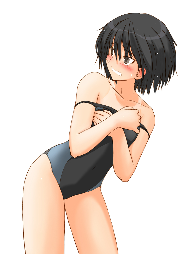 sasaki akira (ugc), nanasaki ai, amagami, 1girl, black hair, blush, clothes pull, embarrassed, female focus, hands on own chest, one-piece swimsuit, one-piece swimsuit pull, pulling own clothes, short hair, solo, swimsuit, tan, tanline