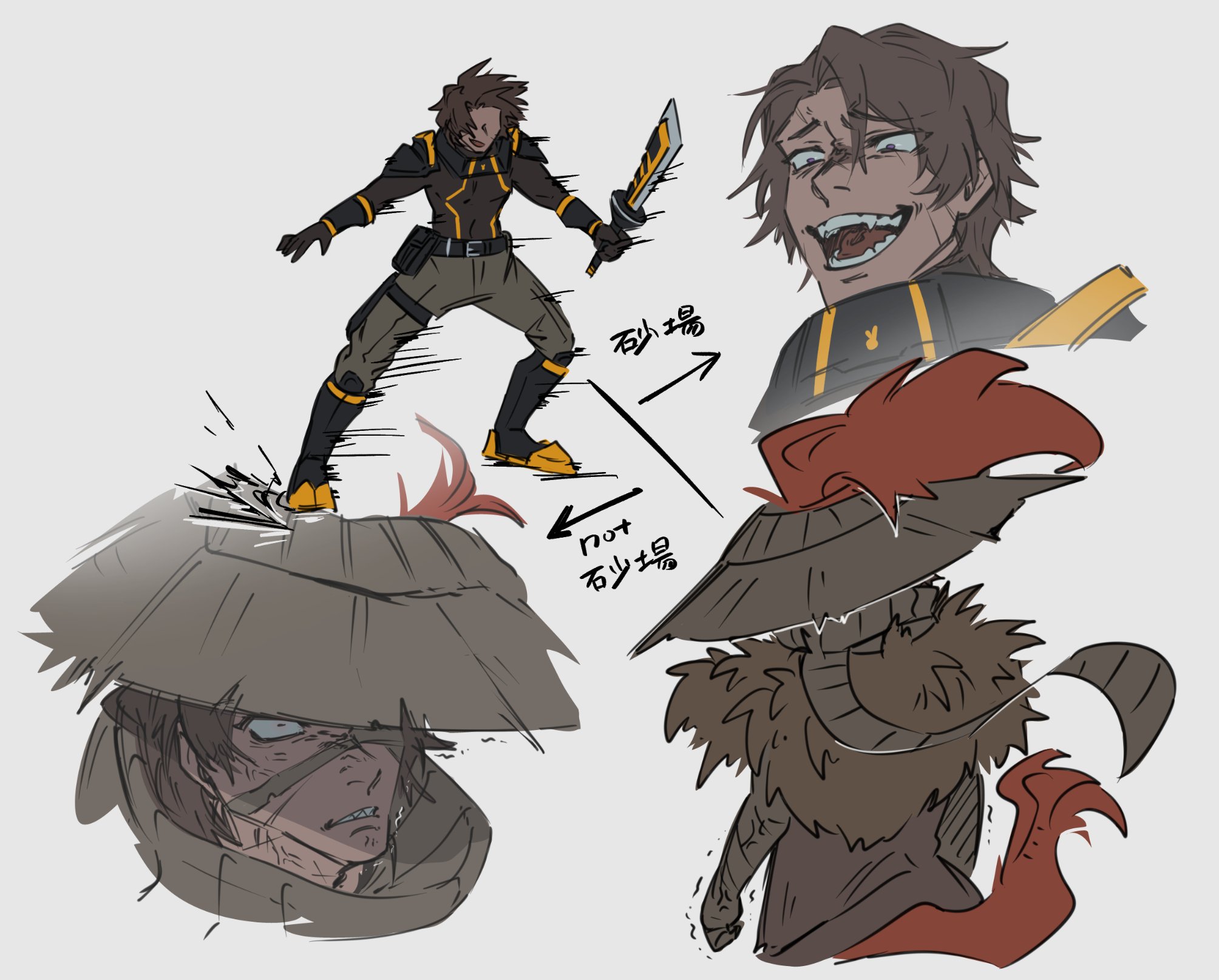 heathcliff (project moon), limbus company, project moon, commentary, highres, translation request, 2boys, angry, armor, black armor, black boots, boots, brown hair, brown hat, brown scarf, clenched teeth, combat knife, dual persona, feathers, hat, heishou pack-you branch (identity) (project moon), holding, holding knife, knife, multiple boys, open mouth, purple eyes, r corp. (identity) (project moon), red feathers, rice hat, rooster tail, scarf, sidestep, simple background, smile, teeth, weapon, white background, wide-eyed, yakihatake