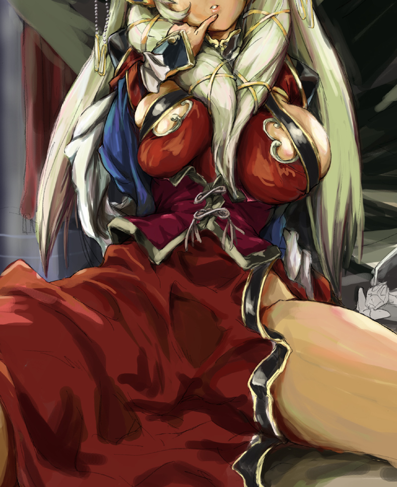 matsukura nemu, tame, zhang chunhua, sangokushi taisen, 1girl, blonde hair, breasts, dress, female focus, head out of frame, large breasts, long hair, side slit, sideboob, solo, spread legs, thighs