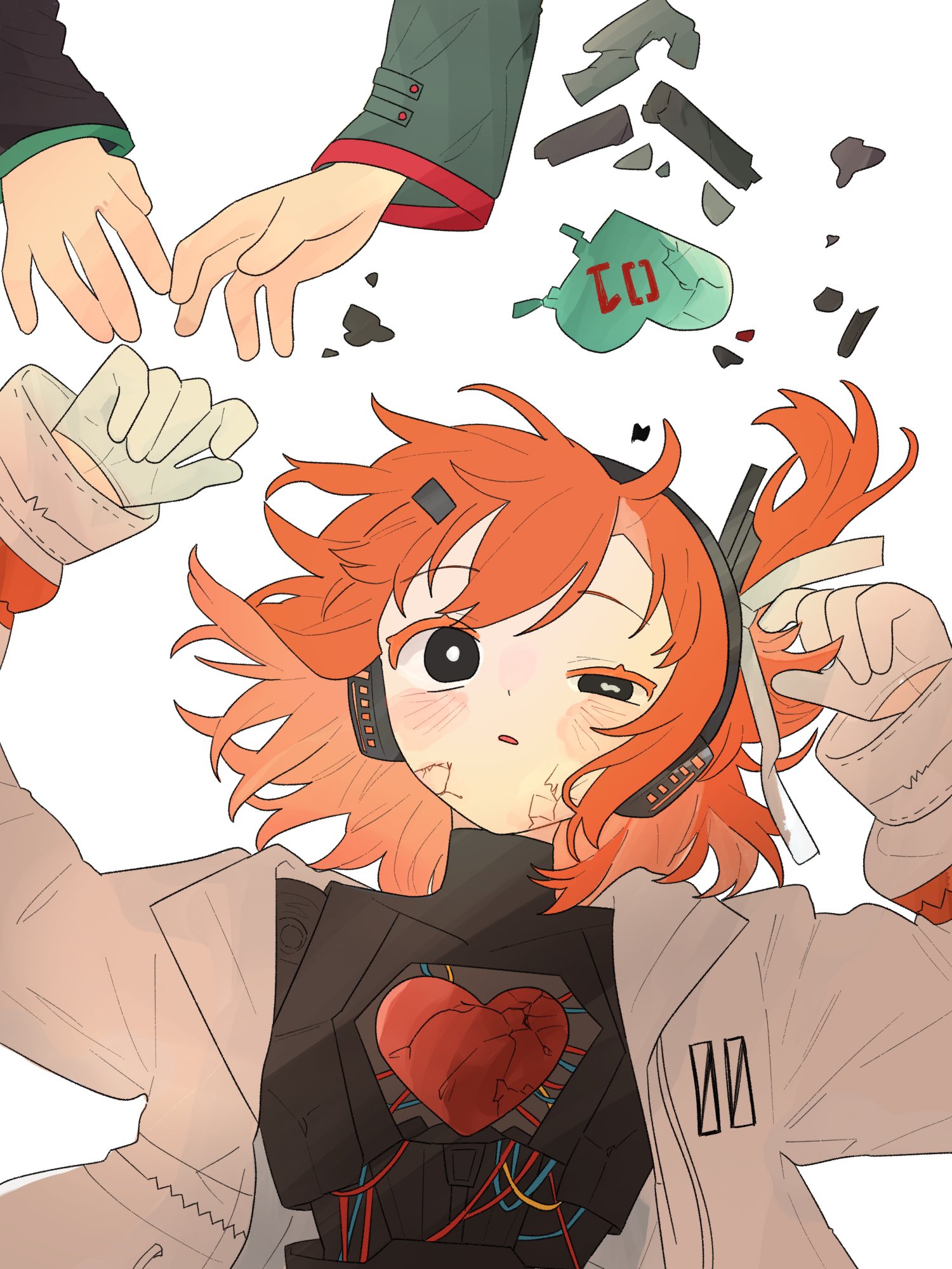 ofo j1, adachi rei, hatsune miku, kasane teto, kasane teto (utau), a.i. voice, utau, vocaloid, commentary request, highres, 3girls, black eyes, blush, bright pupils, cable, cracked heart, cracked skin, exposed heart, gloves, hair ornament, hair ribbon, hairclip, half-closed eye, headlamp, headphones, jacket, long sleeves, lying, mechabare, medium hair, multiple girls, on back, one side up, open clothes, open jacket, orange hair, out of frame, parted lips, radio antenna, ribbon, shirt, simple background, solo focus, white background, white gloves, white jacket, white pupils, white ribbon