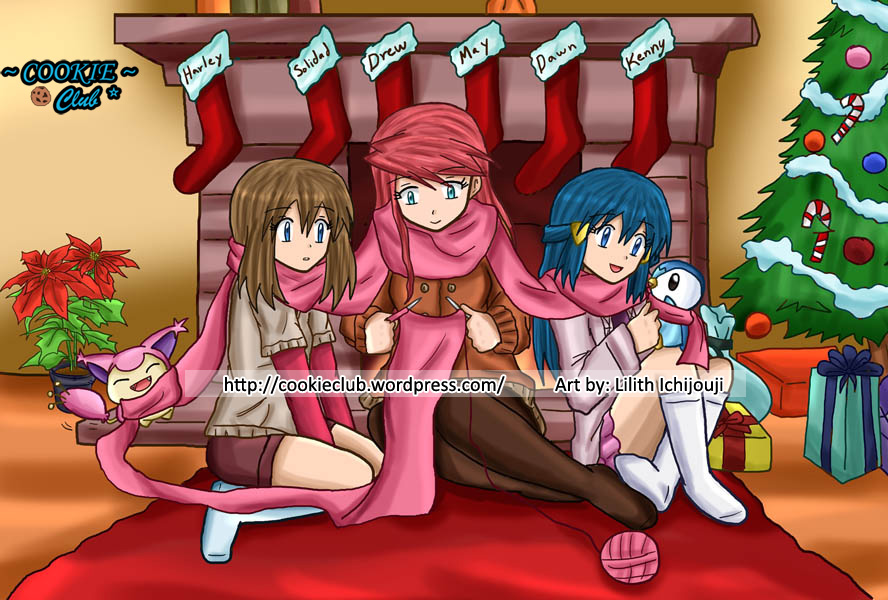 dawn (pokemon), may (pokemon), piplup, skitty, solidad (pokemon), nintendo, pokemon, pokemon (anime), pokemon dppt (anime), pokemon rse (anime), blue hair, candy, candy cane, christmas, christmas tree, fireplace, food, gen 3 pokemon, gen 4 pokemon, gift, knitting, lilithichijouji, open mouth, scarf, yarn