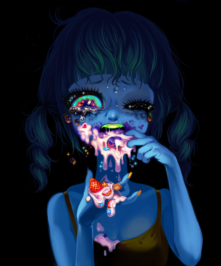 yukaman, bandages, blue hair, blue skin, colored skin, food, fruit, nail polish, strawberry, tears, vomit