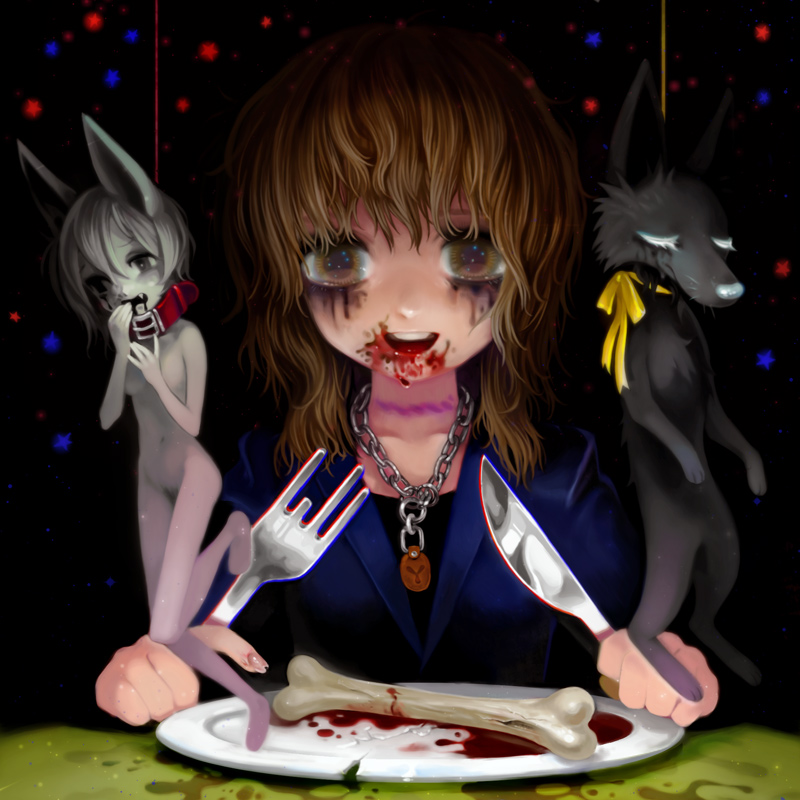 yukaman, animal ears, blood, bone, brown eyes, brown hair, collar, dog, fork, guro, jewelry, knife, necklace, nude, plate, pubic hair, suicide, vore, what