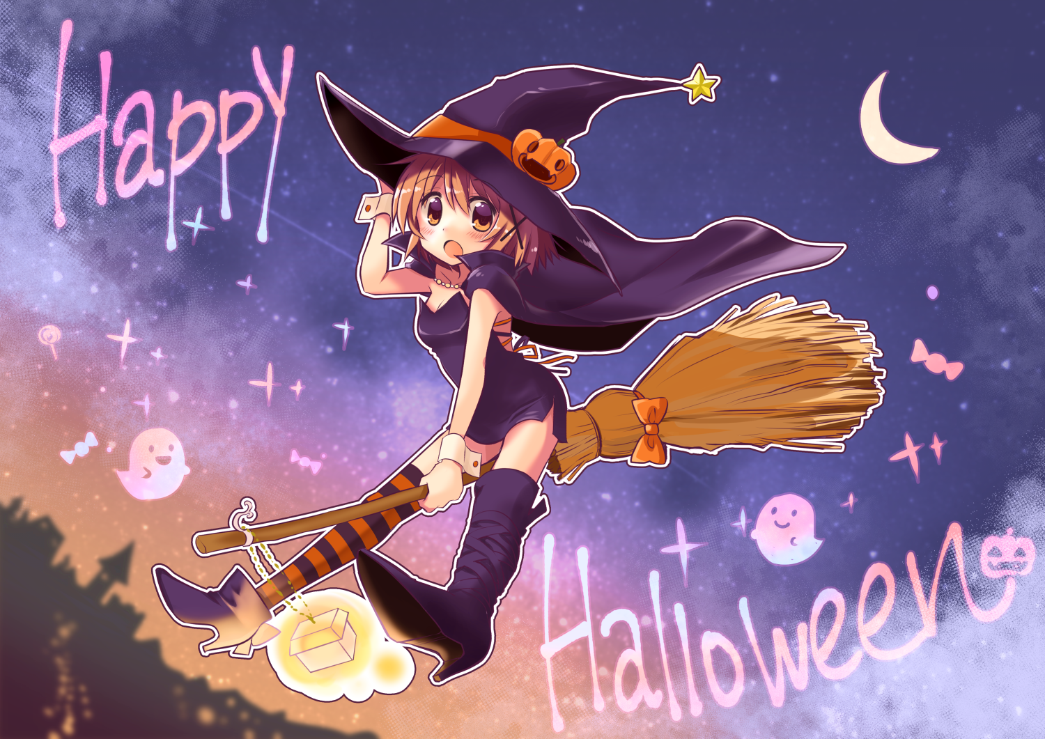 quro (black river), yuno (hidamari sketch), hidamari sketch, commentary request, 1girl, :o, alternate costume, ankle boots, asymmetrical legwear, blue boots, blurry, blurry background, blush, boots, broom, broom riding, cape, cosplay, crescent, dress, dress shirt, ghost, hair ornament, halloween, halloween costume, hand up, happy halloween, hat, high heels, jack-o'-lantern, knee boots, large hat, looking at viewer, mismatched legwear, moon, orange eyes, orange hair, pumpkin, purple cape, purple dress, shirt, short hair, sky, sleeveless, sleeveless dress, solo, star (symbol), striped clothes, striped thighhighs, thighhighs, white wrist cuffs, witch, witch hat, wrist cuffs, x hair ornament