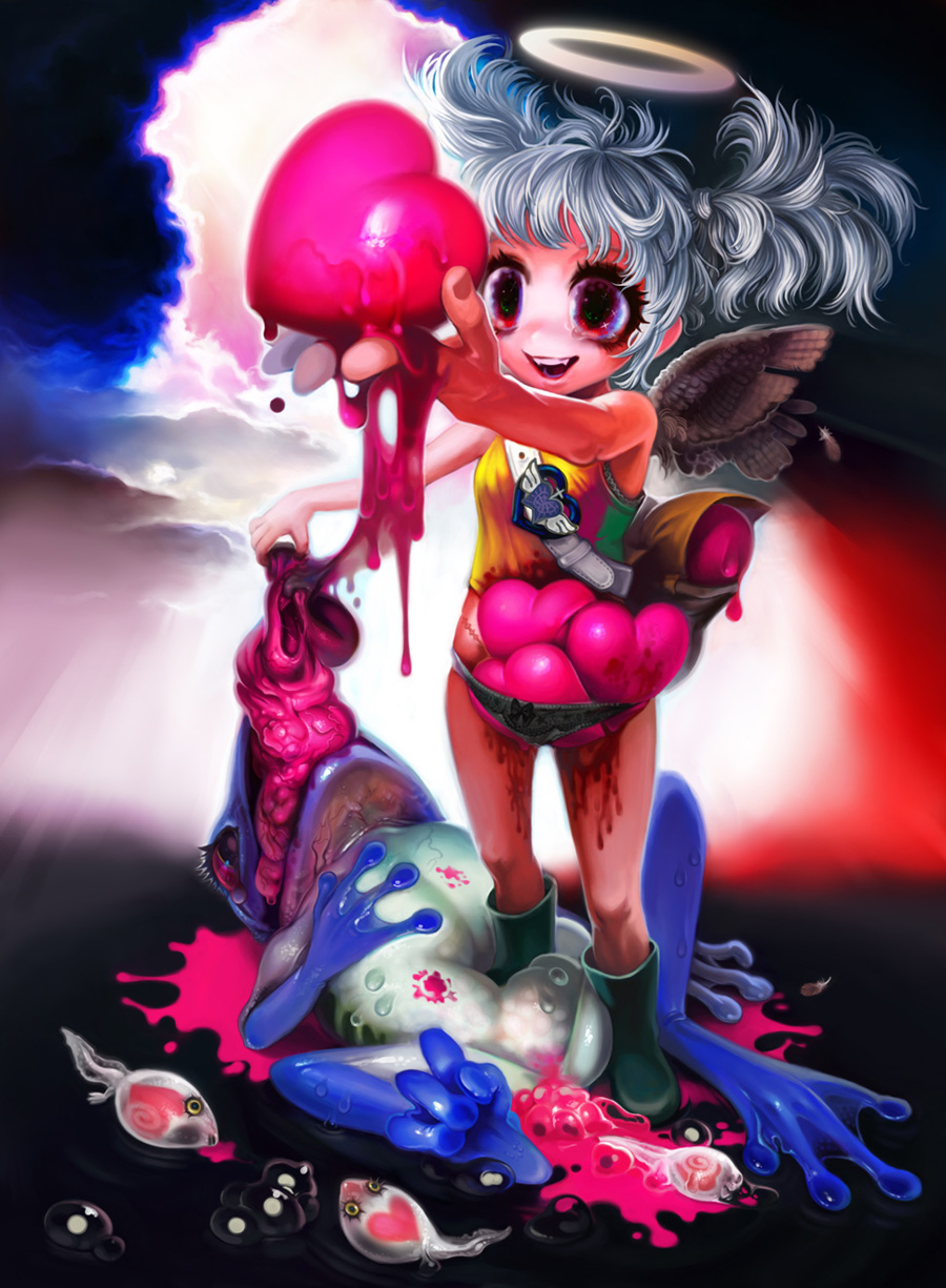 yukaman, highres, acid trip, angel, blood, boots, egg, frog, grey hair, guro, heart, red eyes, twintails, what, wings