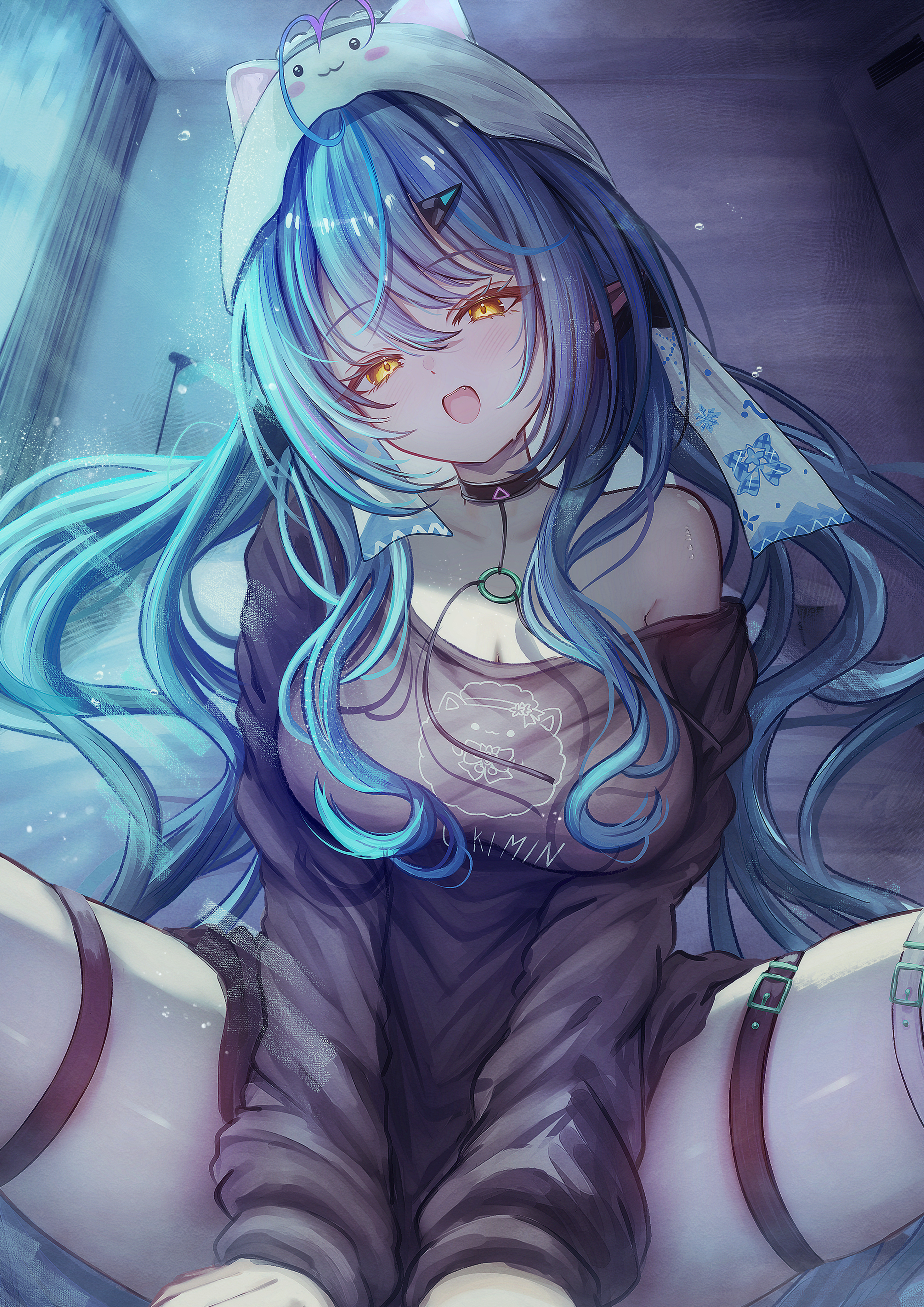 mito soosu, yukihana lamy, hololive, absurdres, commentary request, highres, 1girl, ahoge, black choker, black shirt, blue hair, breasts, choker, cleavage, collarbone, elf, gradient hair, hair between eyes, hair ornament, heart, heart ahoge, indoors, large breasts, long hair, long sleeves, looking at viewer, multicolored hair, open mouth, pink hair, pointy ears, shirt, smile, solo, spread legs, thigh strap, virtual youtuber, yellow eyes