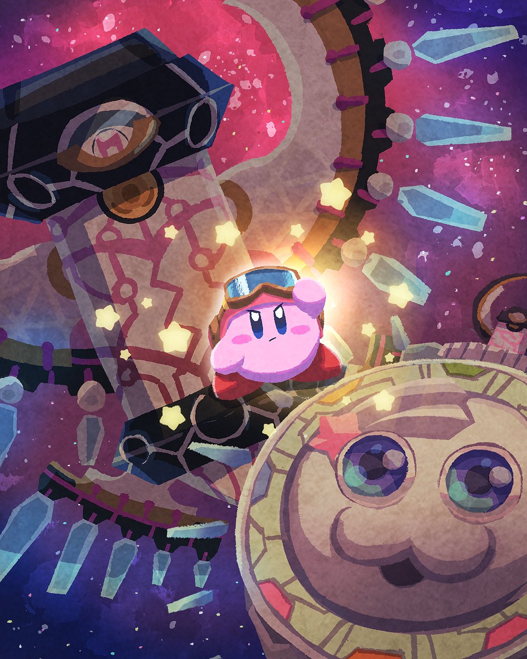 miclot, kirby, kirby (series), nintendo, commentary request, highres, blue eyes, blush stickers, closed mouth, goggles, goggles on headwear, hat, no humans, outdoors, red hat, serious, space, standing, star (symbol), v-shaped eyebrows