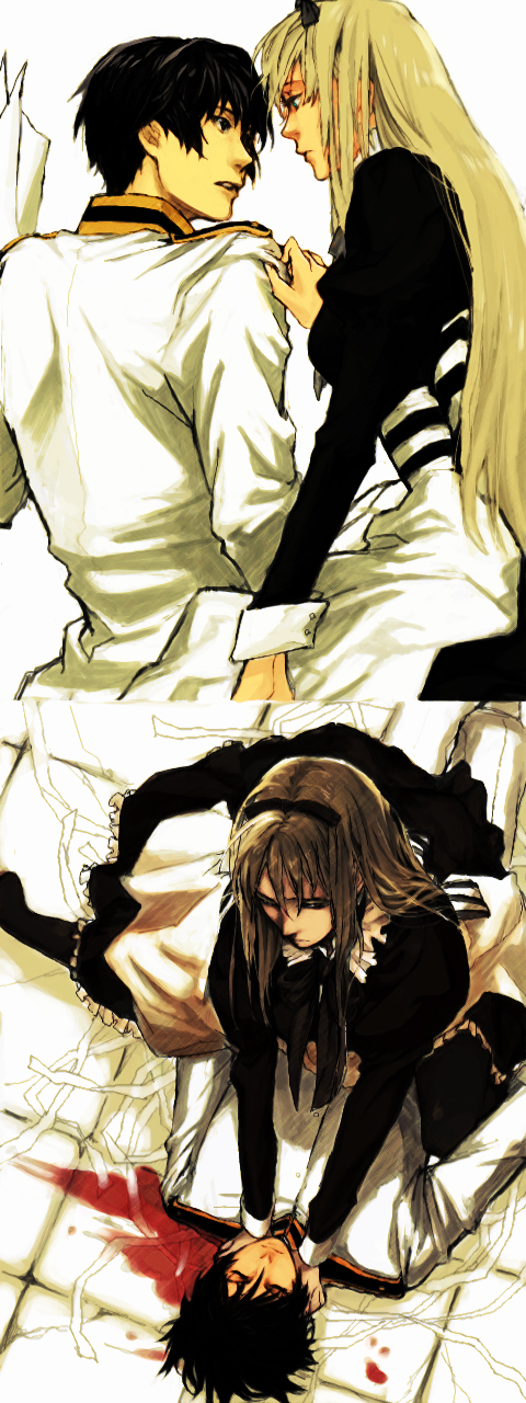 kusumori shiba, belarus (hetalia), japan (hetalia), axis powers hetalia, highres, long image, tall image, 00s, 1boy, 1girl, asphyxiation, bandages, black hair, blonde hair, blood, dress, eye contact, long hair, looking at another, military, military uniform, strangling