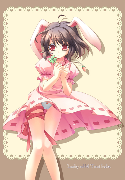 takatsukasa yue, inaba tewi, touhou, 1girl, animal ears, black hair, brown hair, clover, female focus, four-leaf clover, jewelry, panties, pendant, rabbit ears, red eyes, ribbon, short hair, solo, thigh gap, thighs, underwear, white panties