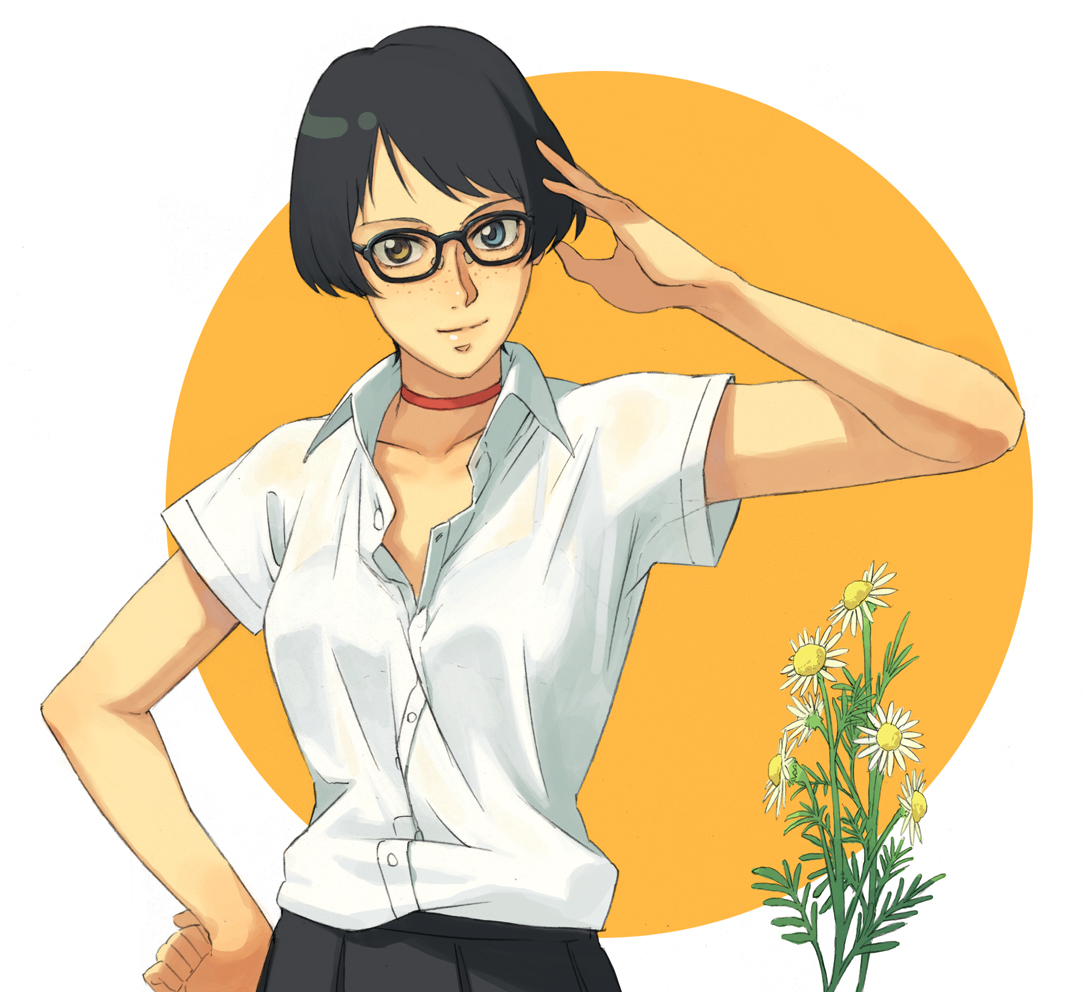 kirio, minami (yuumi kirio), original, 1girl, black hair, bob cut, choker, female focus, freckles, glasses, heterochromia, short hair, solo, unbuttoned