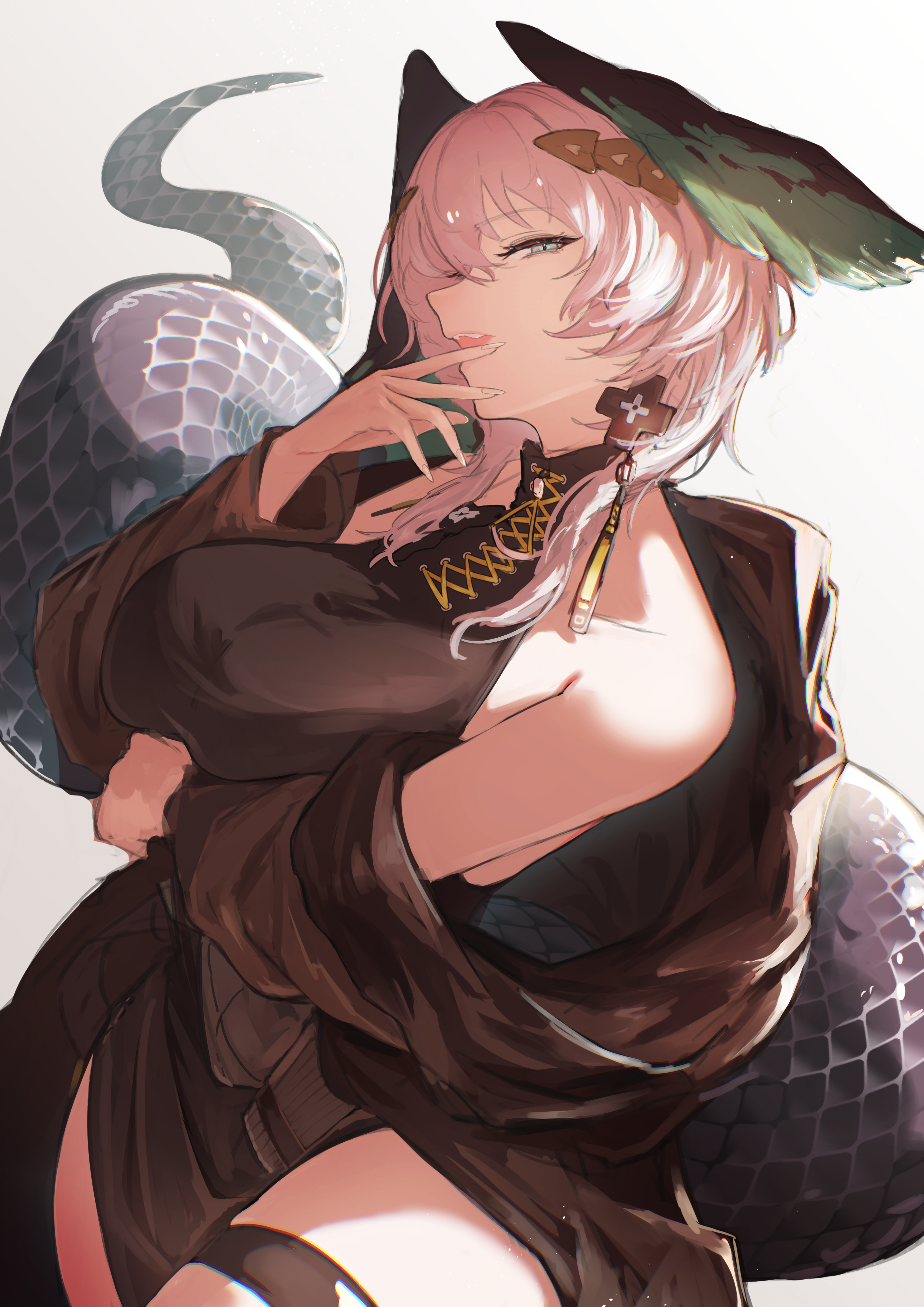 sakikov, ho'olheyak (arknights), ho'olheyak (ritual of immortality) (arknights), arknights, absurdres, commentary, highres, 1girl, :d, aqua eyes, aqua feathers, aqua wings, arm under breasts, bare arms, bare shoulders, black coat, black dress, black feathers, black robe, black scales, black tail, black wings, breasts, clenched hand, clothing cutout, coat, coat partially removed, cowboy shot, cross-laced clothes, cross-laced dress, curvy, double-parted bangs, dress, earrings, feathered wings, feathers, fingernails, gradient feathers, gradient wings, grey hair, hair between eyes, hair ornament, hair over shoulder, half-closed eyes, halter dress, halterneck, hand on own chin, hand up, head tilt, head wings, jewelry, large breasts, long coat, long dress, long sidelocks, long sleeves, long tail, looking at viewer, mature female, medium hair, multicolored wings, no ears, nose, off shoulder, official alternate costume, open clothes, open coat, open mouth, pale skin, parted lips, raised eyebrows, robe, side slit, sidelocks, simple background, skindentation, sleeveless, sleeveless dress, slit pupils, smile, snake girl, snake tail, solo, standing, tail, tail through clothes, teeth, thick thighs, thigh strap, thighs, two-tone feathers, two-tone wings, upper teeth only, very long tail, wavy hair, white background, wings