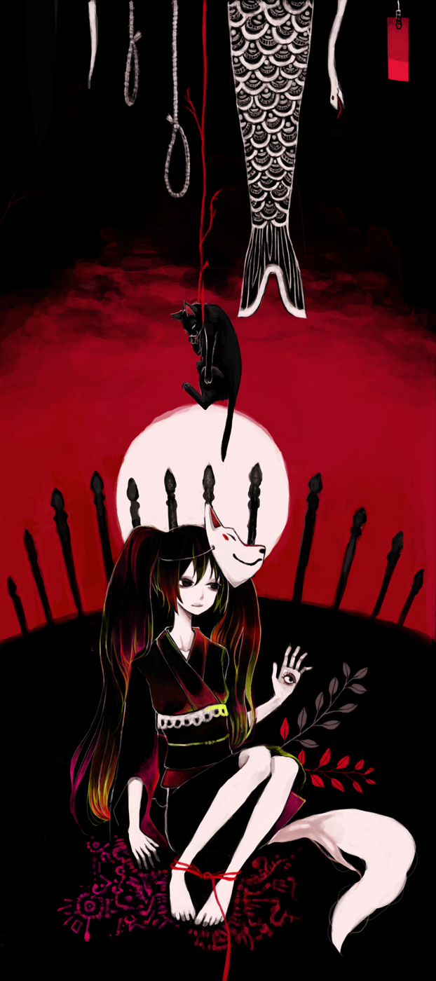 clona, narcolepsy, hatsune miku, musunde hiraite rasetsu to mukuro (vocaloid), vocaloid, highres, 1girl, black eyes, black hair, cat, female focus, fox mask, full moon, japanese clothes, kimono, long hair, mask, moon, night, noose, snake, solo, sotoba, twintails, yukata