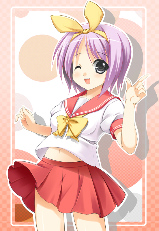 chanpu, hiiragi tsukasa, lucky star, 00s, black eyes, navel, one eye closed, purple hair, school uniform, serafuku, short hair, solo, wink