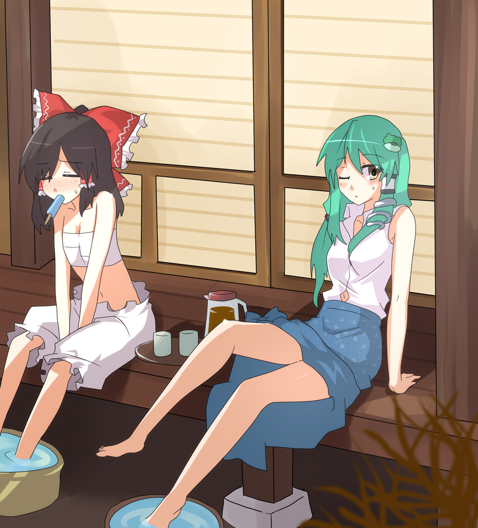 akatoro (nightlord), toro (pixiv), hakurei reimu, kochiya sanae, touhou, 2girls, bare shoulders, barefoot, bloomers, bow, brown hair, chest sarashi, closed eyes, feet, female focus, flat chest, frog, green hair, hair bow, hair ornament, hot, multiple girls, one eye closed, sarashi, sitting, sleeveless, snake, soaking feet, sweat, underwear, veranda, water, yellow eyes