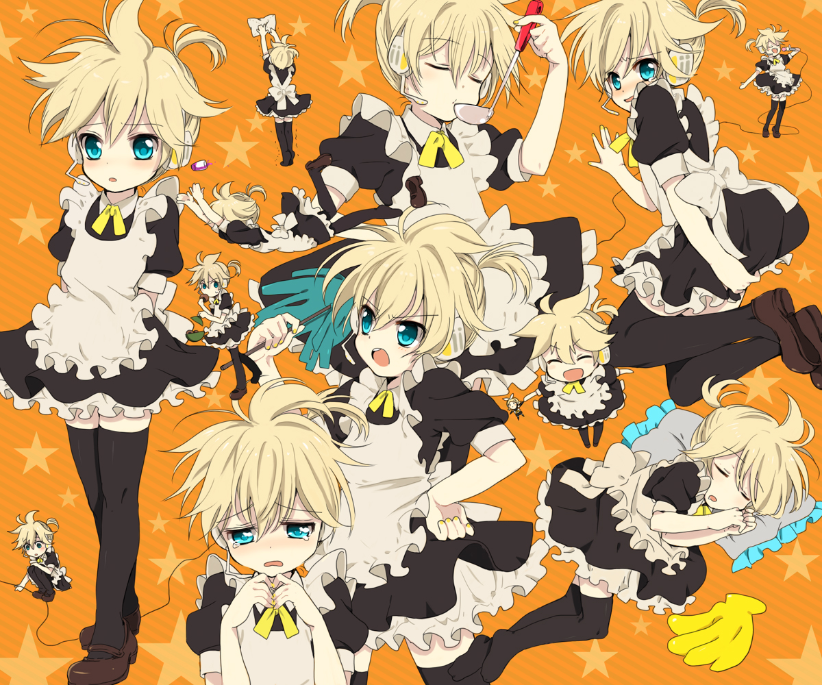 caterpillar (artist), shiratama shima, kagamine len, kagamine rin, vocaloid, bad id, bad pixiv id, 1boy, 1girl, alternate costume, apron, banana, blonde hair, blue eyes, blush, brother and sister, cameo, crossdressing, doll, enmaided, falling, food, fruit, headphones, headset, ladle, maid, maid apron, pillow, short hair, siblings, sleeping, smile, tears, thighhighs, trap, twins