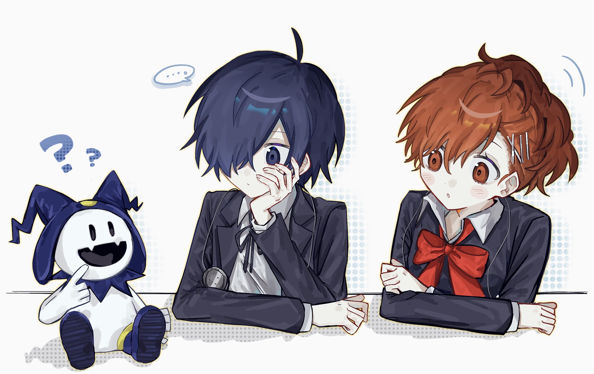 jack frost (megami tensei), shiomi kotone, yuuki makoto (persona 3), persona, persona 3, persona 3 portable, commentary request, highres, …, 1boy, 1girl, ?, ??, ahoge, black jacket, black ribbon, blue boots, blue eyes, blue hair, blush, boots, bow, brown hair, collared shirt, demon (megami tensei), fangs, gekkoukan high school uniform, hair ornament, hair over one eye, hairclip, halftone, hat, head rest, headphones, jacket, long sleeves, neck ribbon, parted lips, red bow, red eyes, ribbon, school uniform, shirt, short hair, spoken ellipsis, white shirt, xyurux0