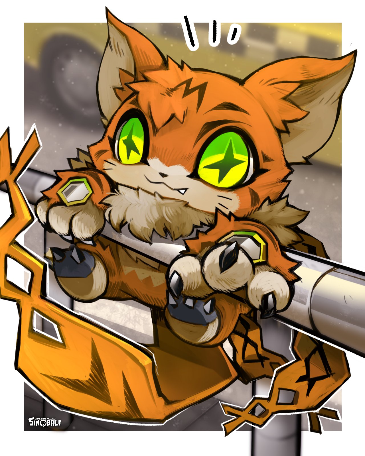 sinobali, meicoomon, digimon, highres, blurry, blurry background, border, cat, cross-shaped pupils, digimon (creature), full body, green eyes, no humans, solo, symbol-shaped pupils, taxi, white border
