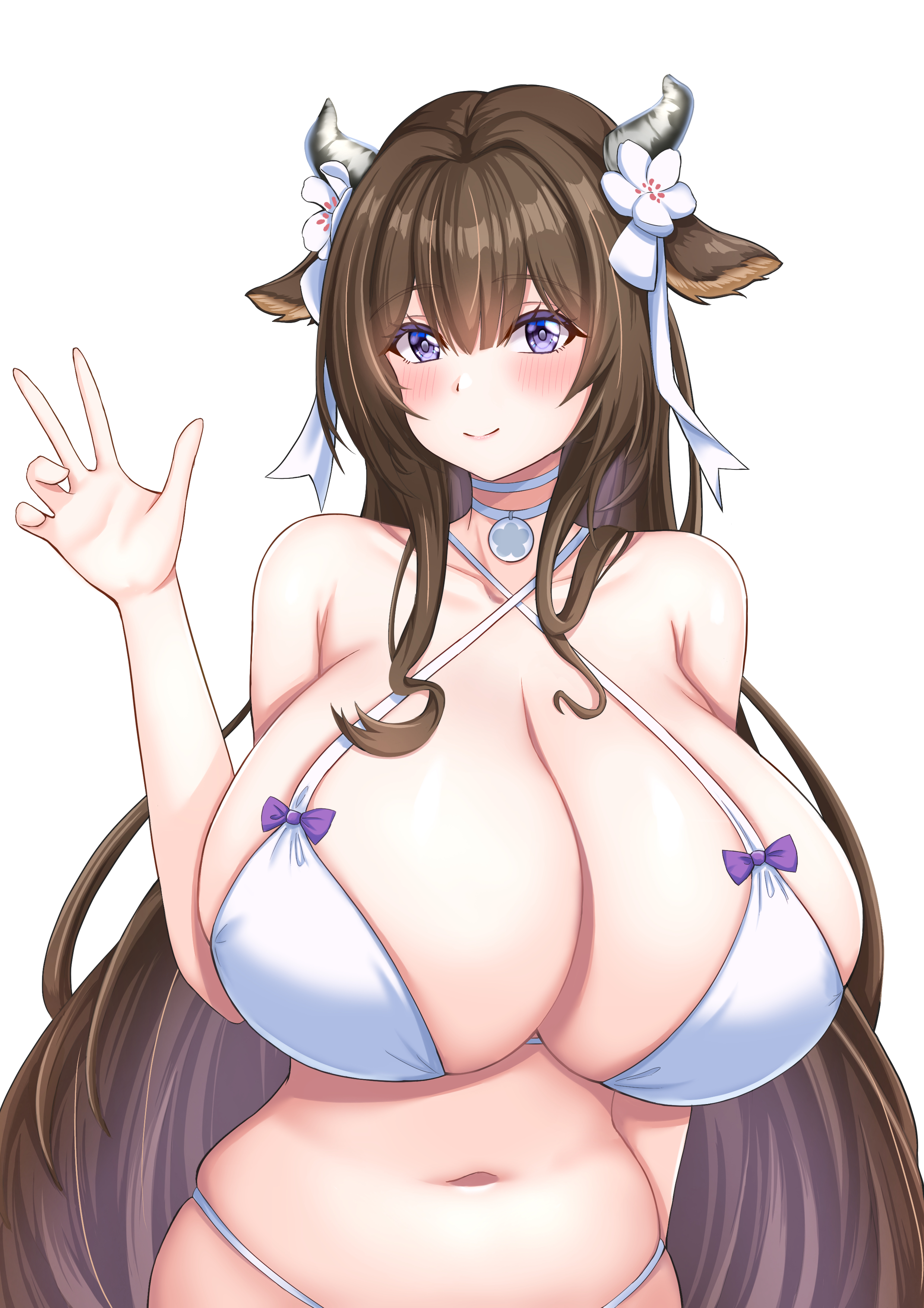 comotaro, kashino (azur lane), kashino (hot springs relaxation) (azur lane), azur lane, absurdres, commentary request, highres, 1girl, animal ears, bandaid, bandaid on head, bare shoulders, bikini, breasts, brown hair, cleavage, collarbone, cow ears, cow girl, cow horns, criss-cross halter, crossed bandaids, flower, gigantic breasts, hair flower, hair ornament, halterneck, horns, long hair, looking at viewer, navel, official alternate costume, simple background, solo, swimsuit, upper body, very long hair, white background, white bikini, white flower