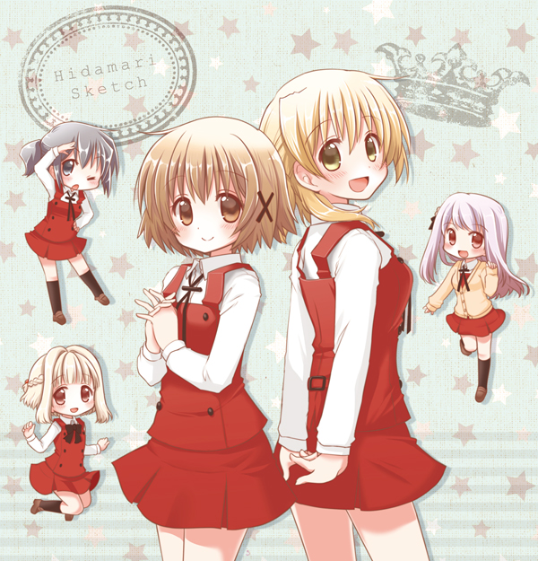 quro (black river), matsuri (hidamari sketch), miyako (hidamari sketch), nazuna (hidamari sketch), yuno (hidamari sketch), hidamari sketch, character request, commentary request, :d, back, black socks, blonde hair, braid, brown eyes, brown hair, collared shirt, copyright name, cowboy shot, dress, grey eyes, grey hair, hair ornament, hands up, long hair, long sleeves, mini person, minigirl, one eye closed, open mouth, own hands together, pinafore dress, red dress, red eyes, school uniform, shirt, short dress, short hair, sleeveless, sleeveless dress, smile, socks, star (symbol), sweater, white hair, white shirt, x hair ornament, yamabuki high school uniform, yellow eyes, yellow sweater