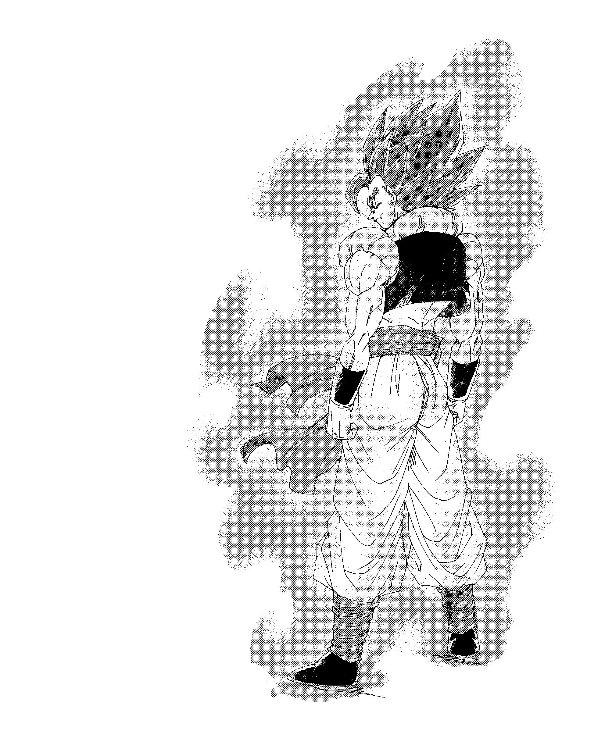 fenyon, gogeta, dragon ball, dragon ball super, dragon ball super broly, absurdres, highres, 1boy, aura, from behind, full body, greyscale, halftone, male focus, medium hair, metamoran vest, monochrome, muscular, muscular male, no shirt, pants, sash, simple background, solo, spiked hair, standing, super saiyan, super saiyan blue, white background