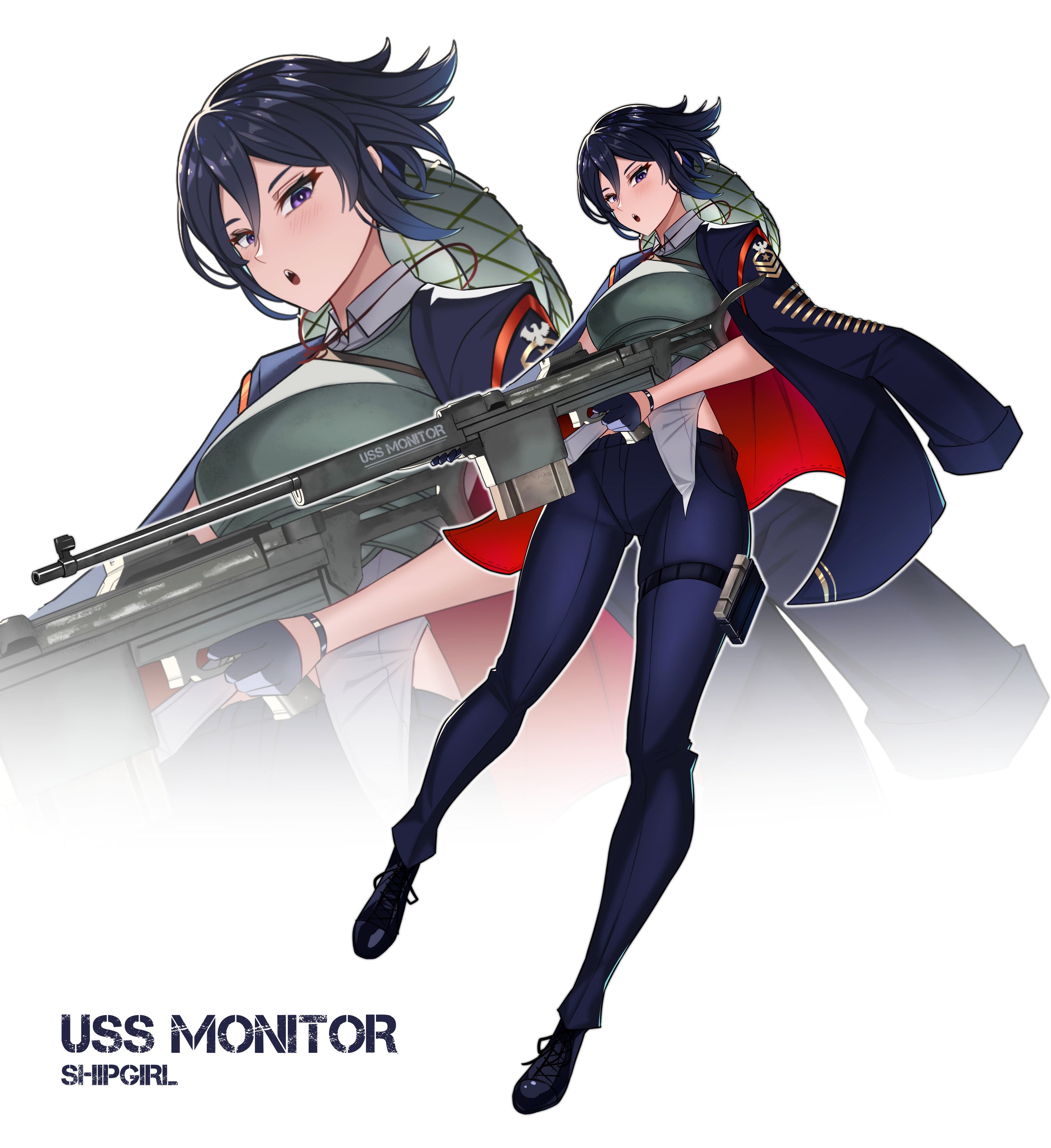 zer0z vi, original, absurdres, highres, 1girl, anti-materiel rifle, black shoes, blue pants, coat, coat on shoulders, gun, helmet, holding, holding gun, holding weapon, open mouth, pants, personification, purple eyes, rifle, shoes, short hair, sniper rifle, two-sided coat, two-sided fabric, weapon