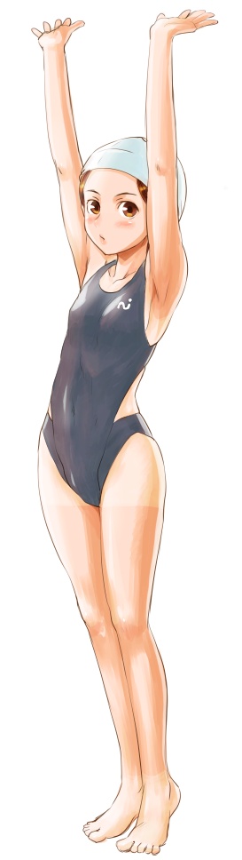 fujisawa takashi, bad id, bad pixiv id, long image, tall image, 1girl, armpits, arms up, barefoot, blush, brown eyes, brown hair, competition swimsuit, feet, female focus, flat chest, legs, one-piece swimsuit, one-piece tan, open mouth, simple background, solo, swim cap, swimsuit, tan, tanline, tiptoes, white background