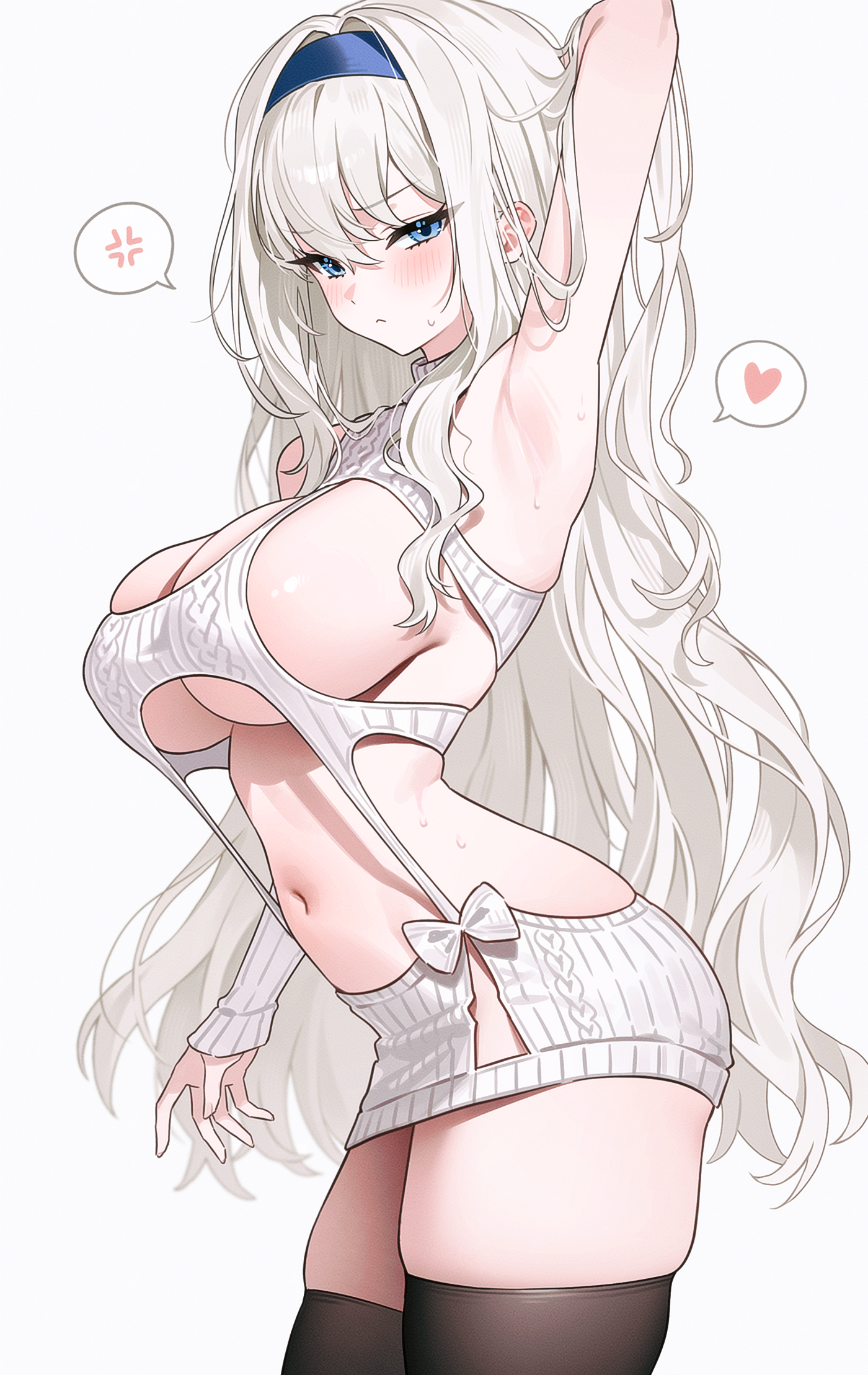 fymrie, dungeon and fighter, commission, highres, second-party source, 1girl, alcien (lapland), anger vein, arm behind head, arm up, armpits, bare shoulders, blue eyes, blue hairband, blush, breasts, brown thighhighs, cable knit, cleavage, closed mouth, cowboy shot, dress, frown, hairband, heart, large breasts, long hair, looking at viewer, navel, revealing clothes, ribbed sweater, sideboob, skindentation, sleeveless, sleeveless sweater, solo, spoken anger vein, spoken heart, stomach, sweat, sweater, sweater dress, thighhighs, thighs, v-shaped eyebrows, very long hair, virgin killer sweater, white hair