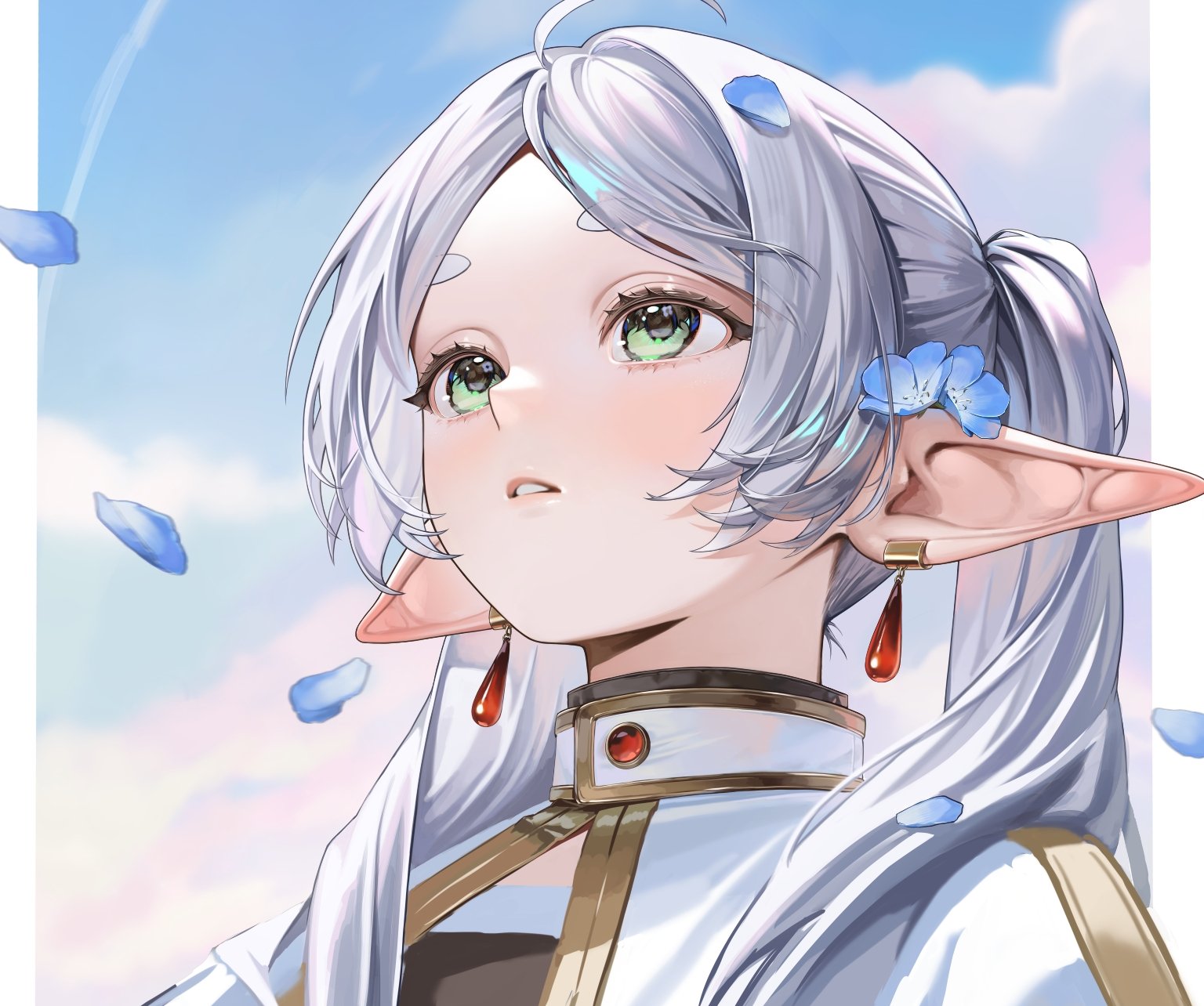 achan (a chaniii), frieren, sousou no frieren, highres, 1girl, blue petals, blush, border, elf, green eyes, long hair, meme, parted lips, pointy ears, solo, twintails, upper body, upward angle frieren drawing (meme), white border