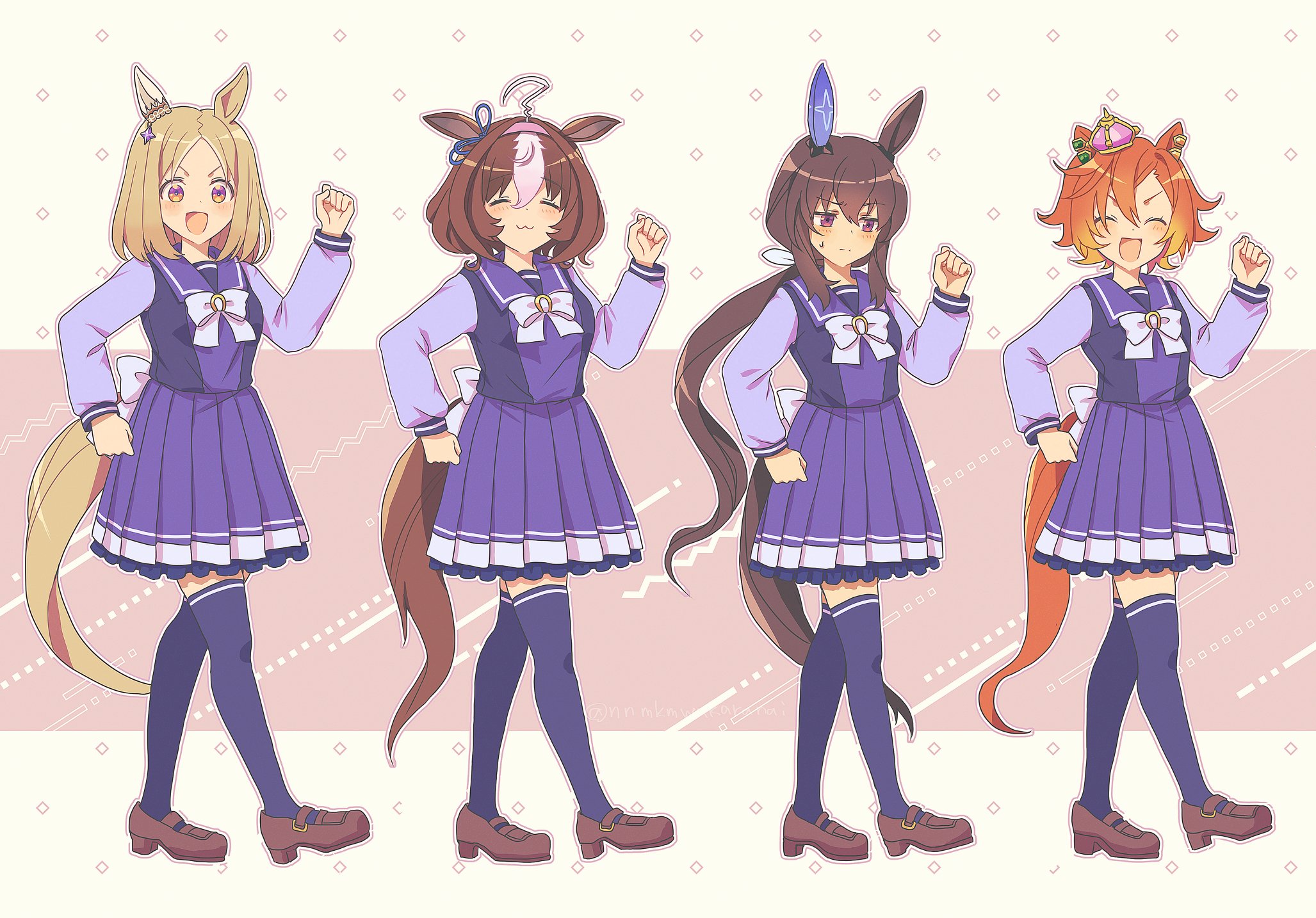 nnmkmwakaranai, admire vega (umamusume), meisho doto (umamusume), narita top road (umamusume), t.m. opera o (umamusume), umamusume, commentary request, highres, 4girls, :3, :d, ^ ^, ahoge, animal ears, back bow, blonde hair, blue ribbon, blush, bow, bowtie, brown hair, brown shoes, closed eyes, closed mouth, crown, ear covers, ear ribbon, full body, hair between eyes, hairband, hand up, horse ears, horse girl, horse tail, horseshoe ornament, long hair, long sleeves, multicolored hair, multiple girls, open mouth, orange hair, pink background, pink eyes, pink hairband, pleated skirt, purple eyes, purple sailor collar, purple shirt, purple skirt, purple thighhighs, ribbon, sailor collar, school uniform, serafuku, shirt, shoes, short hair, signature, single ear cover, skirt, smile, standing, sweatdrop, tail, thighhighs, tracen school uniform, two-tone hair, v-shaped eyebrows, white bow, white bowtie, white hair, winter uniform, zettai ryouiki