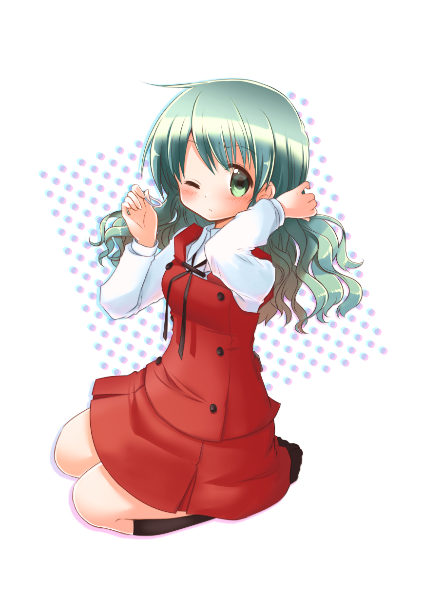 quro (black river), natsume (hidamari sketch), hidamari sketch, commentary request, highres, 1girl, black socks, blush, collared shirt, dress, full body, green eyes, green hair, hairdressing, hands up, knees, long hair, long sleeves, one eye closed, red dress, school uniform, seiza, shirt, simple background, sitting, socks, solo, wavy hair, white shirt, yamabuki high school uniform
